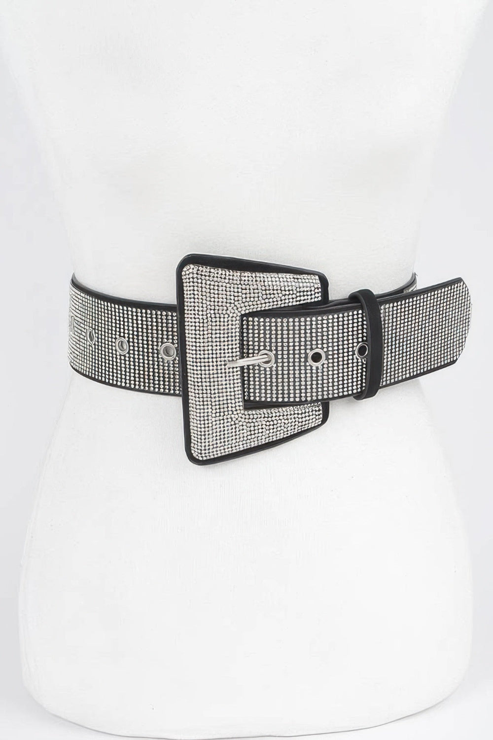 Rhinestone geometric buckle belt from Toshe Women's Fashions, featuring sparkling stones and a stylish design.