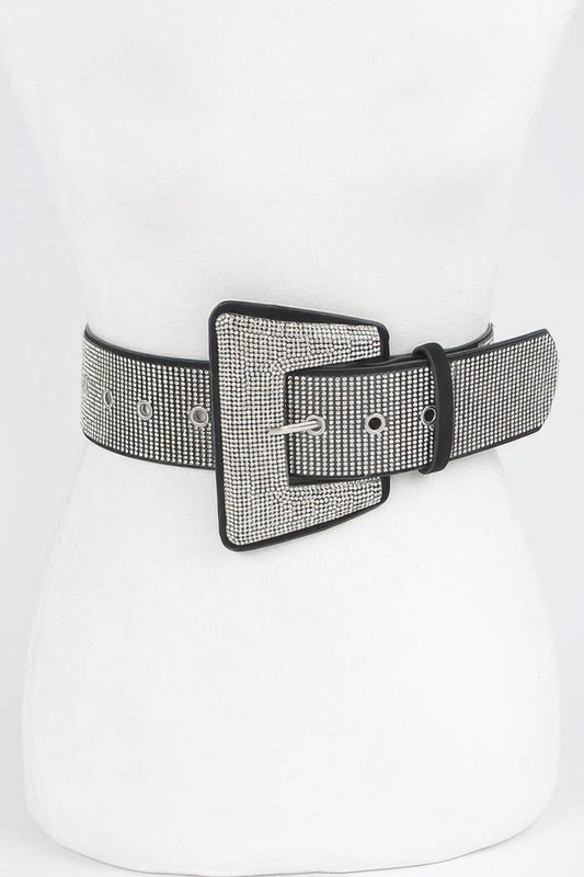 Rhinestone geometric buckle belt from Toshe Women's Fashions, featuring sparkling stones and a stylish design.