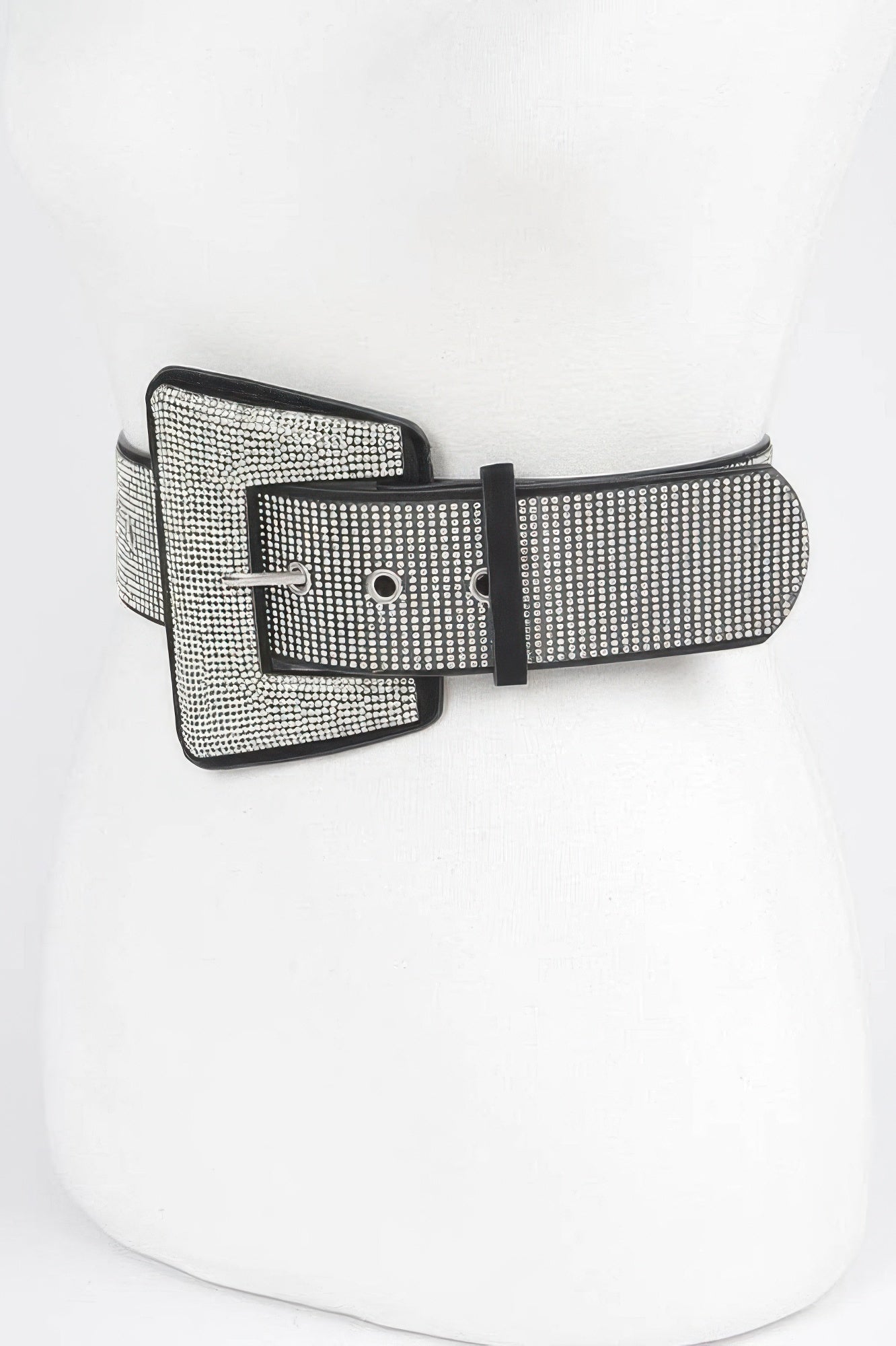 Rhinestone geometric buckle belt by Toshe Women's Fashions, featuring sparkling rhinestones and a modern geometric buckle design.