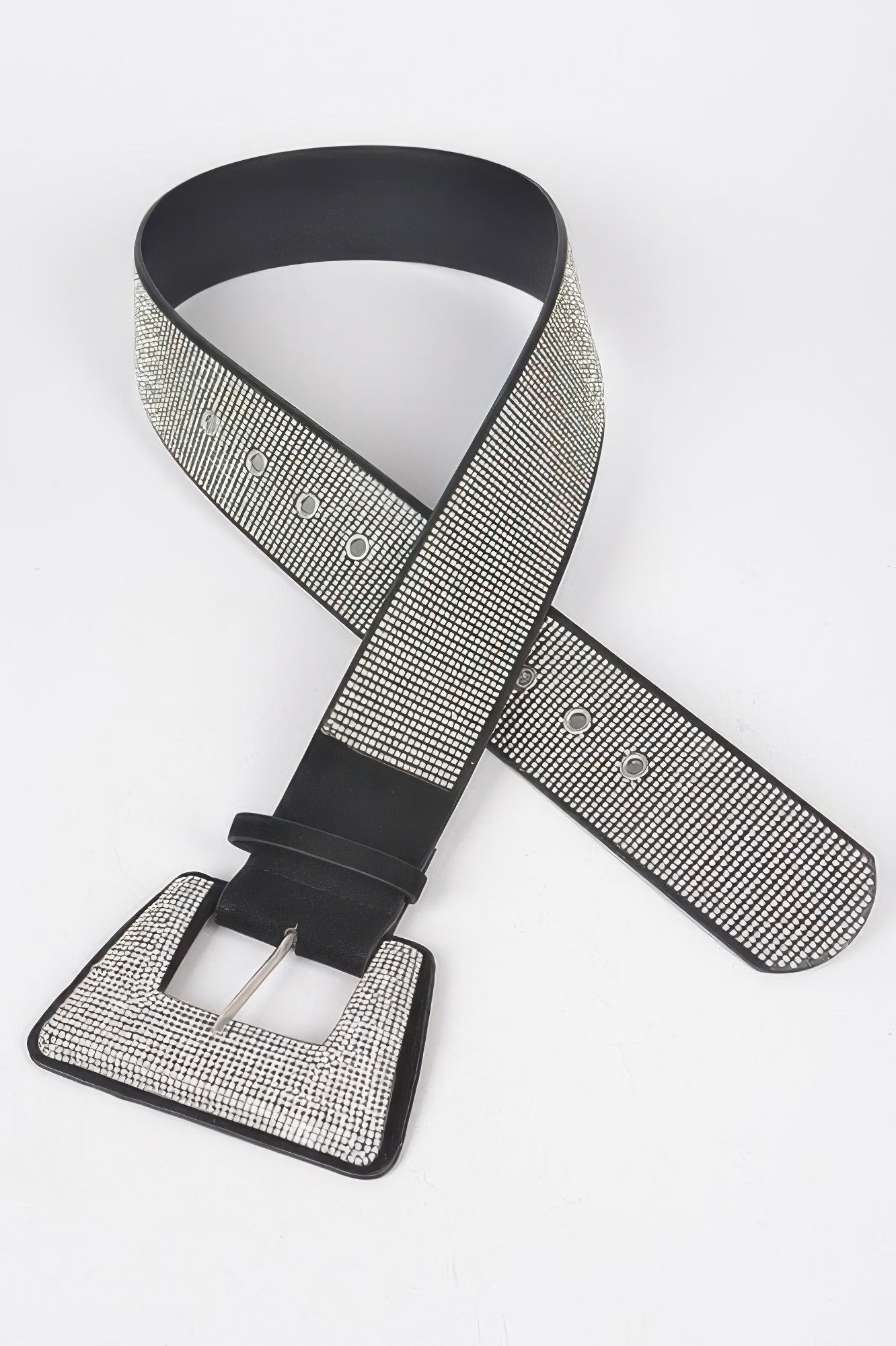 Rhinestone geometric buckle belt by Toshe Women's Fashions featuring sparkling stones and a stylish rectangular buckle.