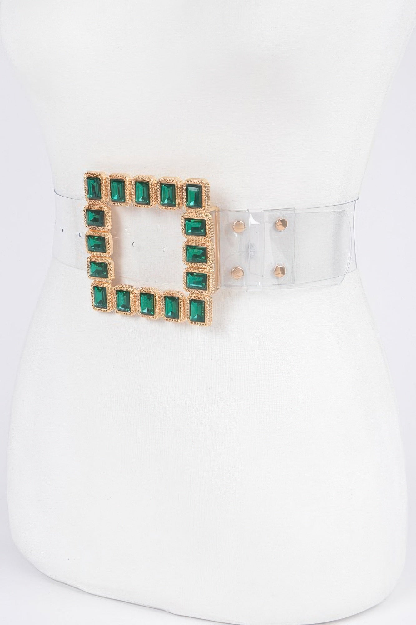 Faux leather belt with a stone buckle, stylish accessory from Toshe Women's Fashions, shown in a close-up view.