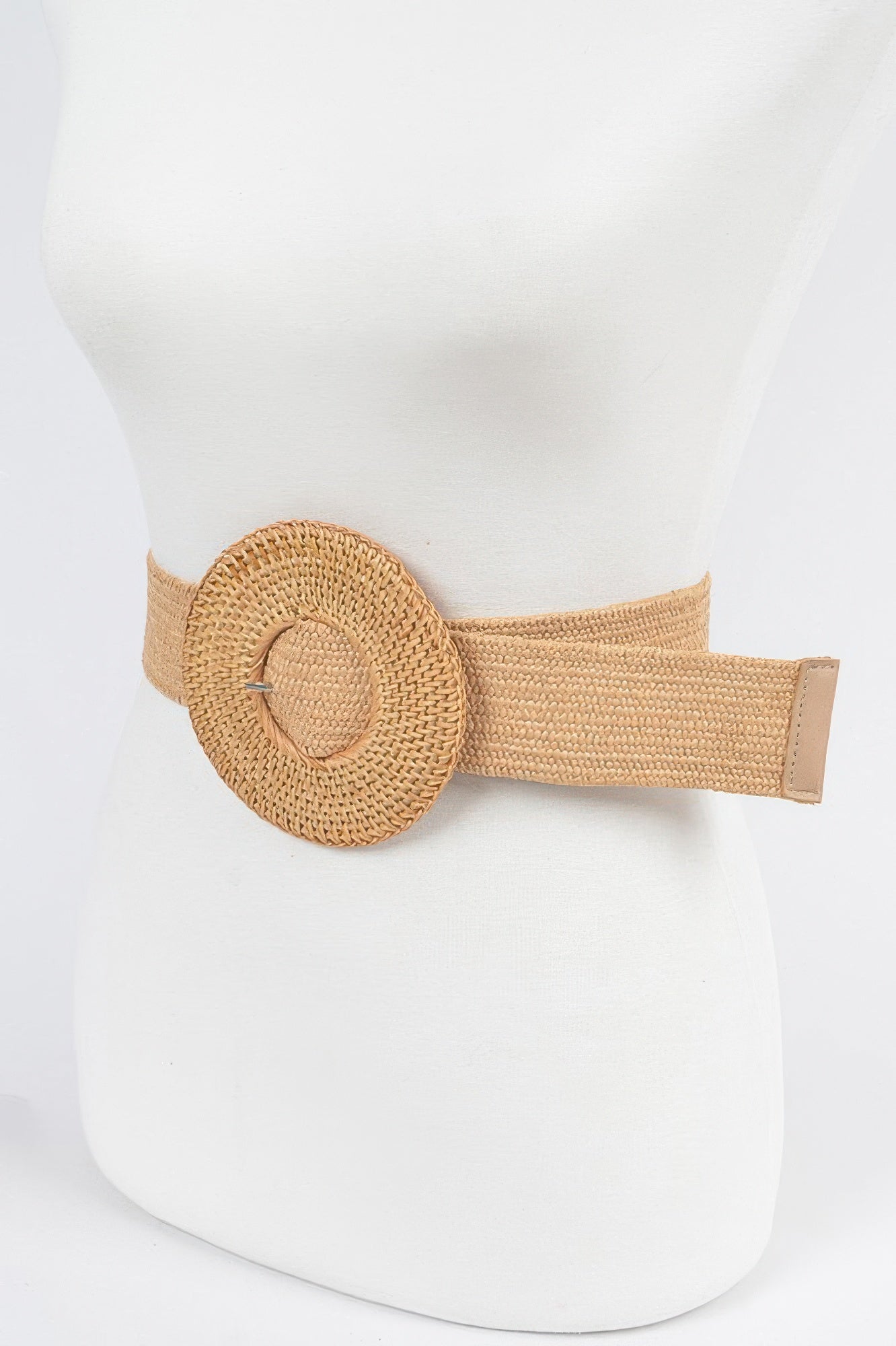 Oversize woven bamboo buckle elastic belt from Toshe Women's Fashions, featuring natural woven texture and adjustable fit.