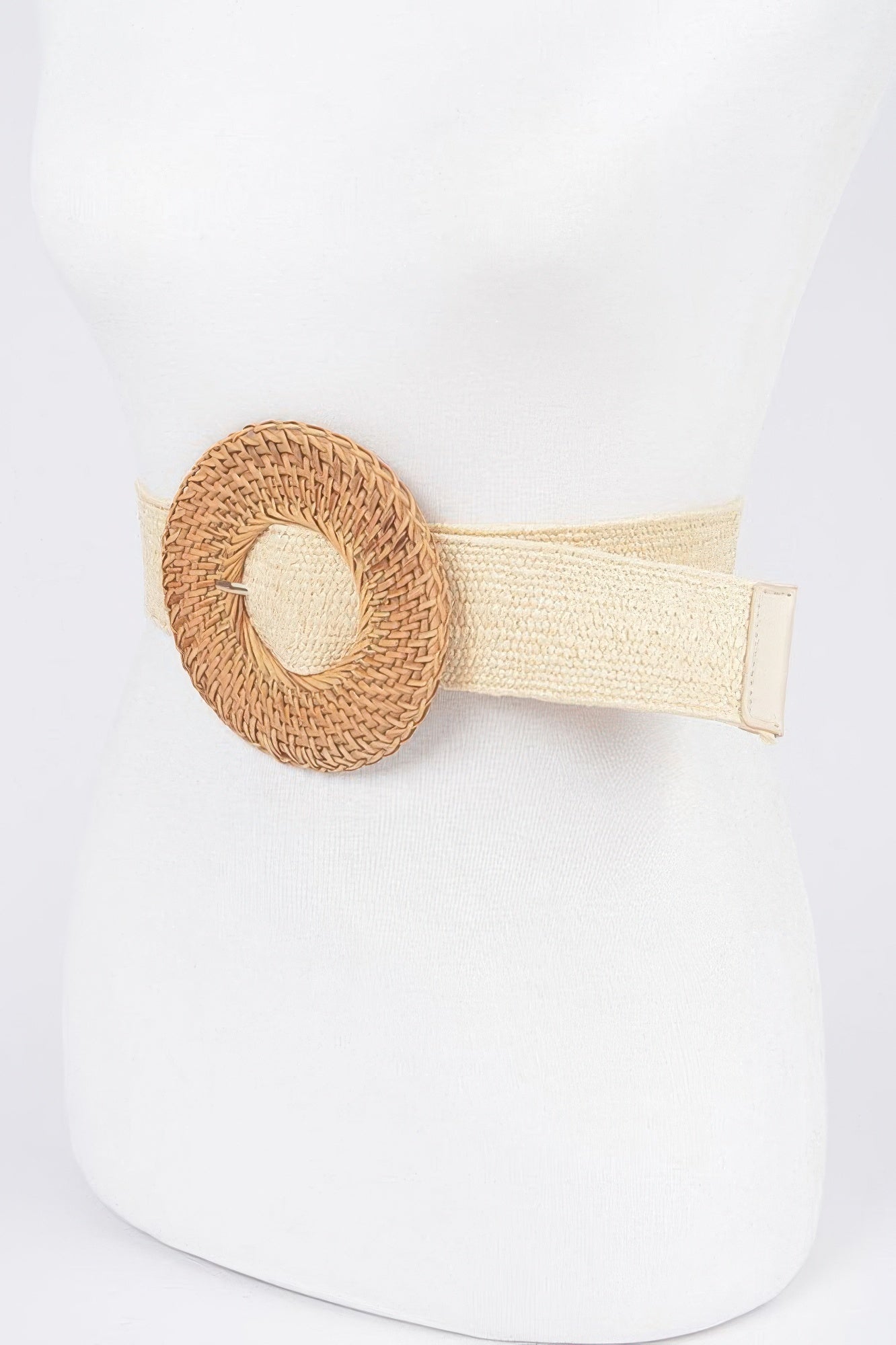 Oversize woven bamboo buckle elastic belt from Toshe Women's Fashions, featuring natural woven texture and adjustable fit.