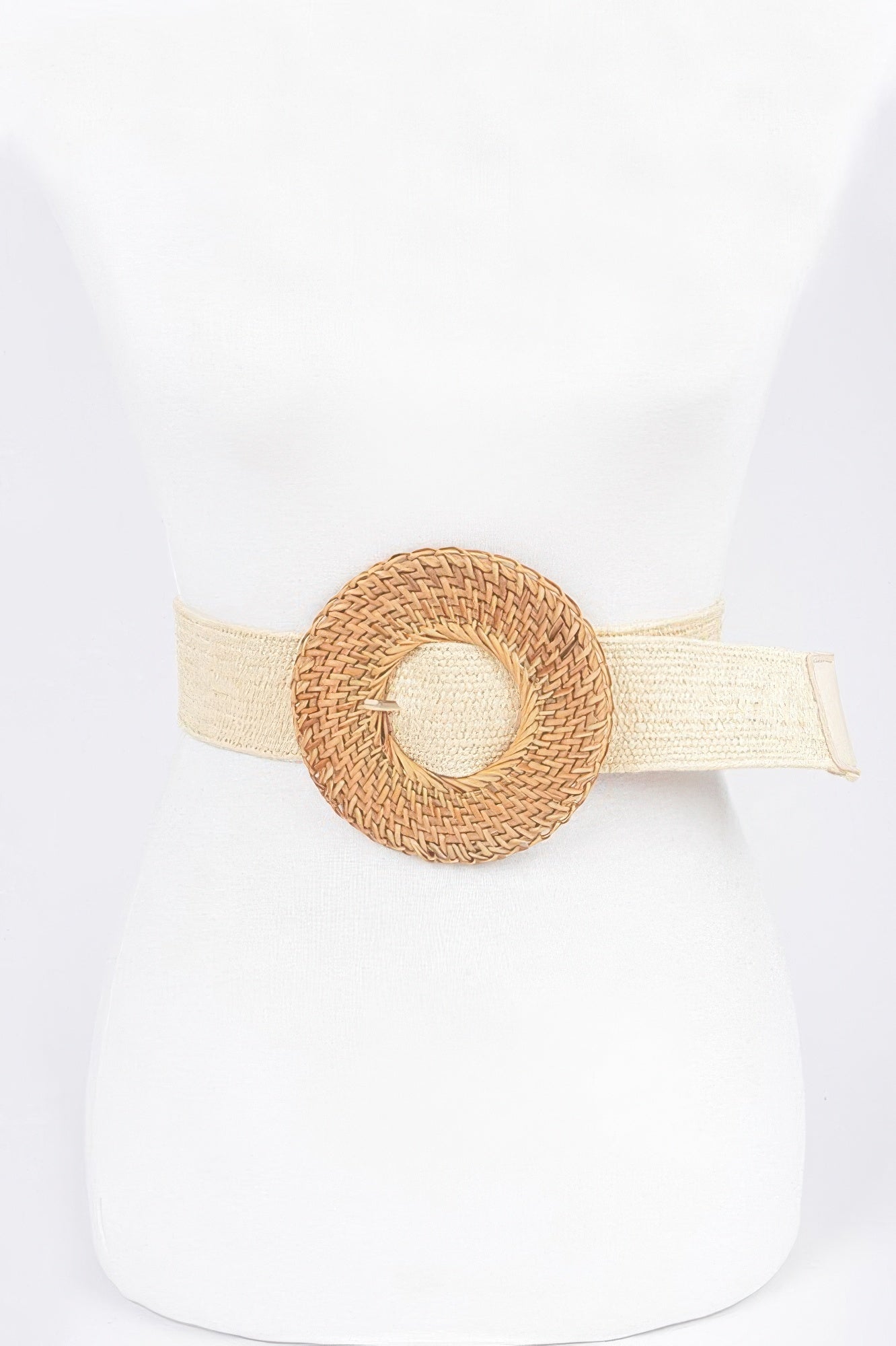 Oversize woven bamboo buckle elastic belt by Toshe Women's Fashions, featuring natural bamboo texture and adjustable fit.