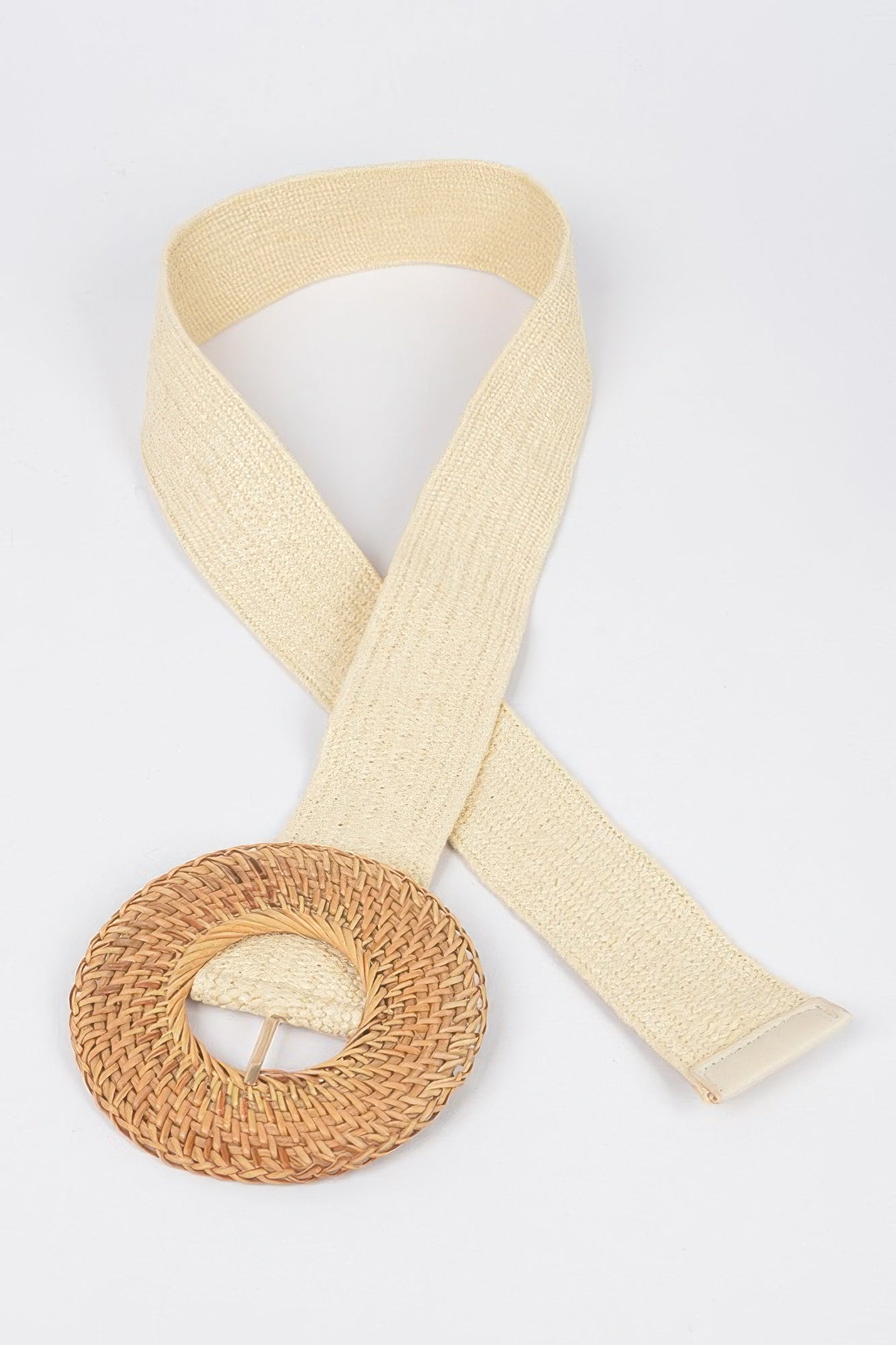 Oversize woven bamboo buckle elastic belt from Toshe Women's Fashions, featuring natural woven pattern and adjustable fit.