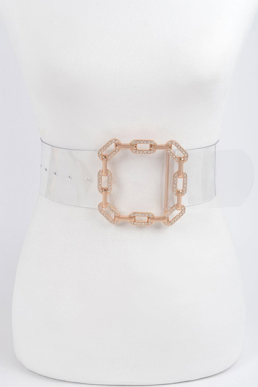 Transparent gold square buckle belt from Toshe Women's Fashions, featuring a clear strap and sleek gold buckle design.