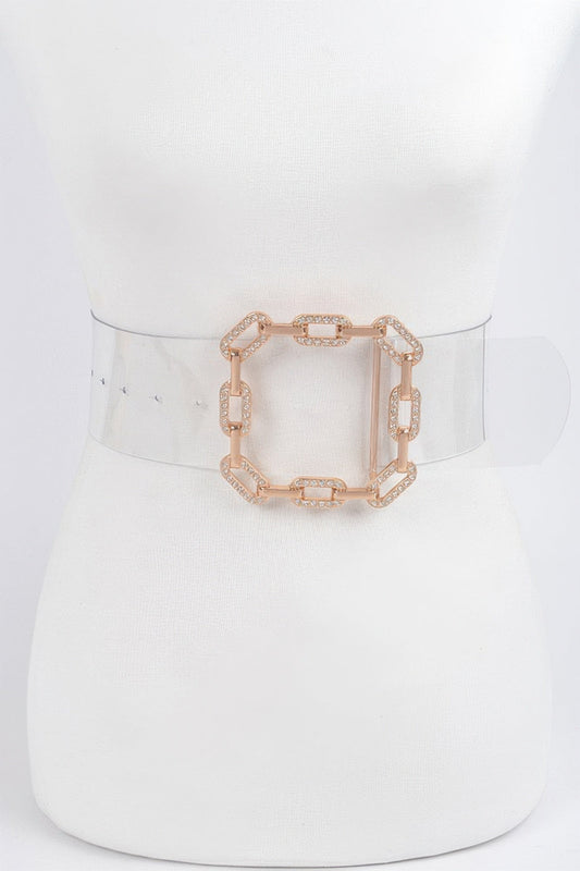 Transparent gold square buckle belt from Toshe Women's Fashions, featuring a clear strap and sleek gold buckle design.
