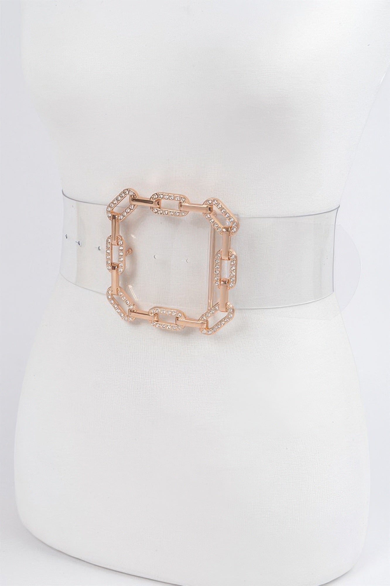 Transparent gold square buckle belt from Toshe Women's Fashions, showcasing a sleek, modern design with a clear strap and gold buckle.
