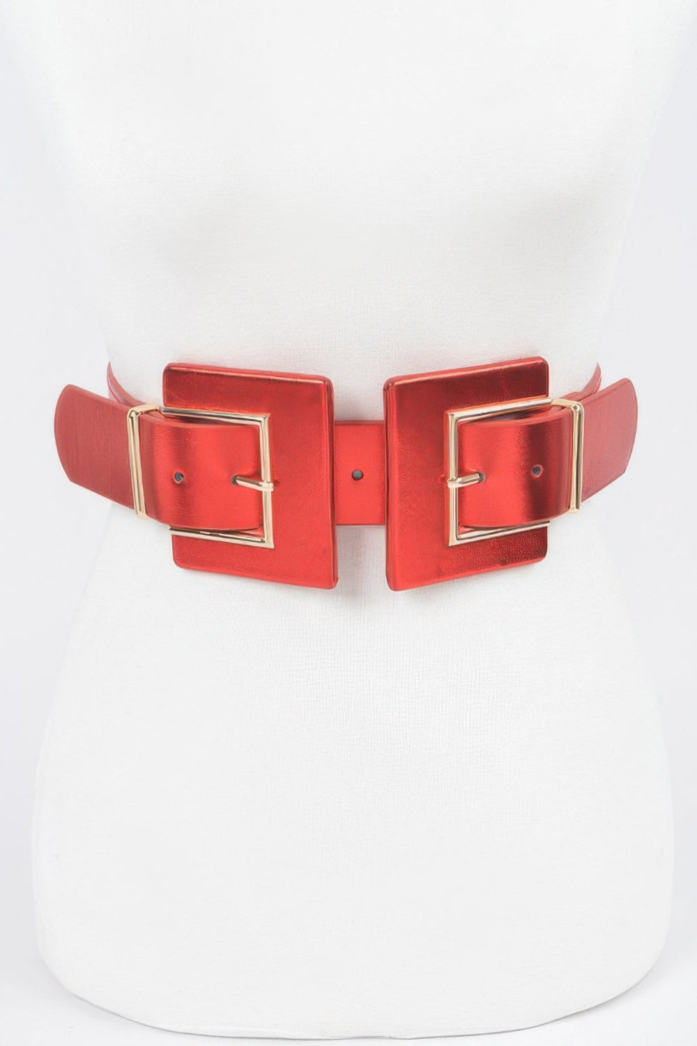 MetallicTwo buckle elastic belt from Toshe Women's Fashions, featuring shiny metallic accents and adjustable elastic strap.