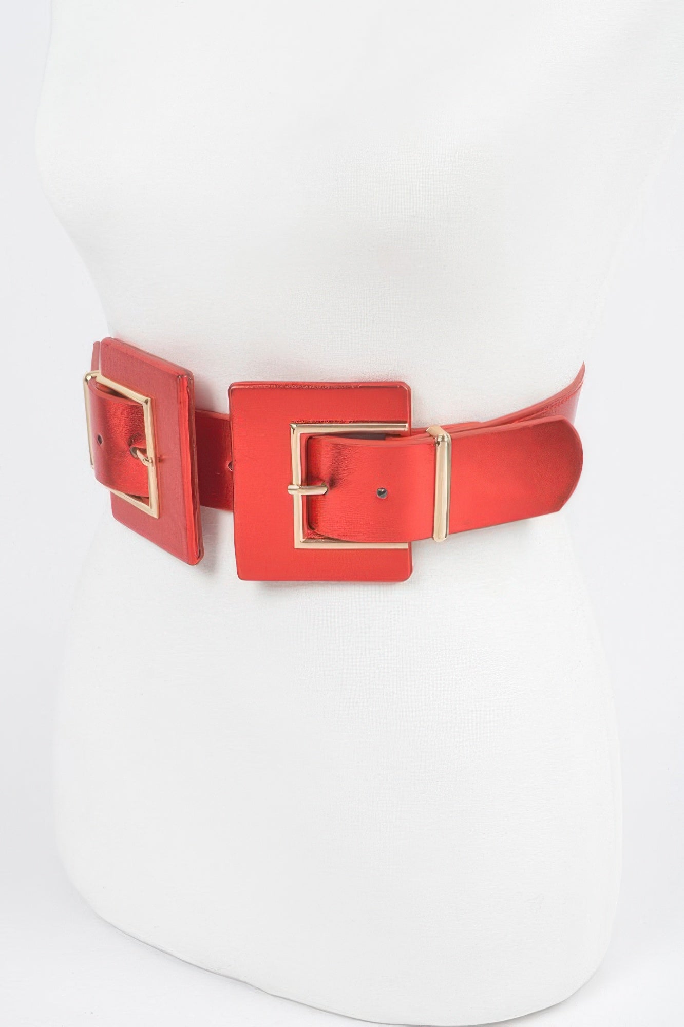 MetallicTwo buckle elastic belt from Toshe Women's Fashions, featuring shiny metallic accents and adjustable fit.