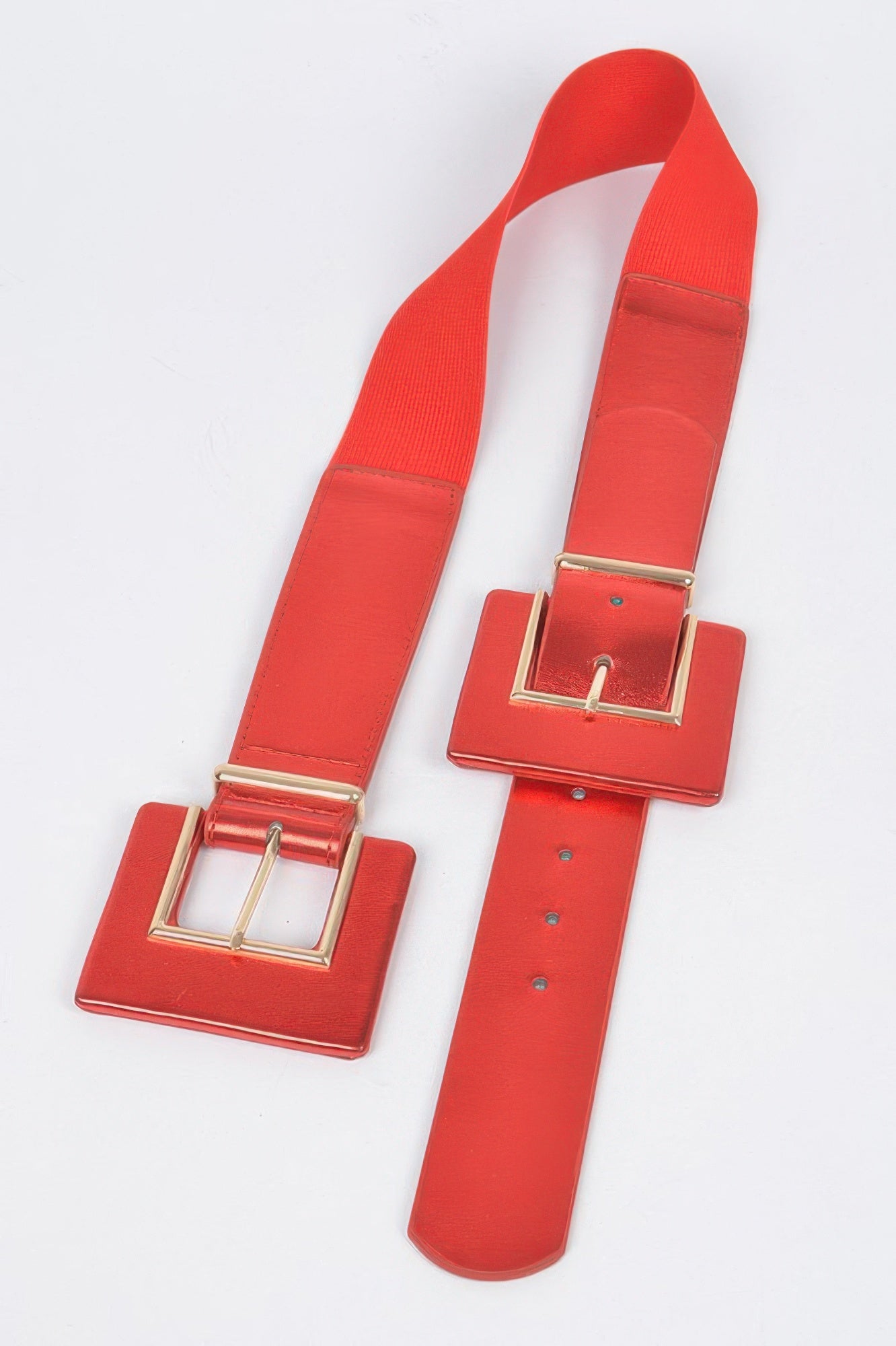 Metallic two-buckle elastic belt from Toshe Women's Fashions, featuring shiny metallic accents and adjustable fit.
