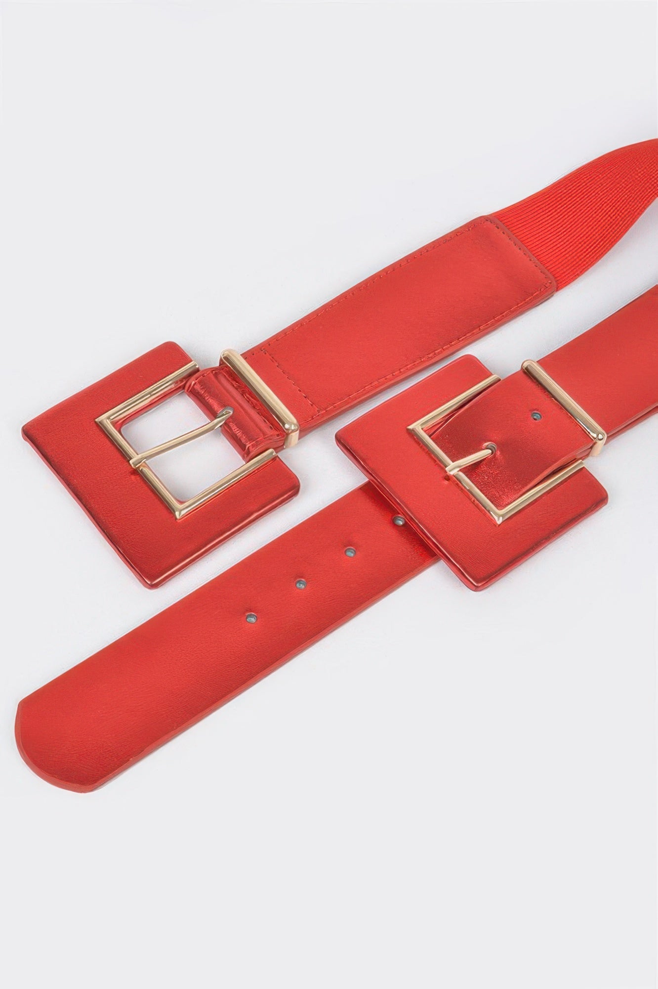 MetallicTwo Buckle elastic belt from Toshe Women's Fashions featuring a shiny metallic finish and dual buckle design.