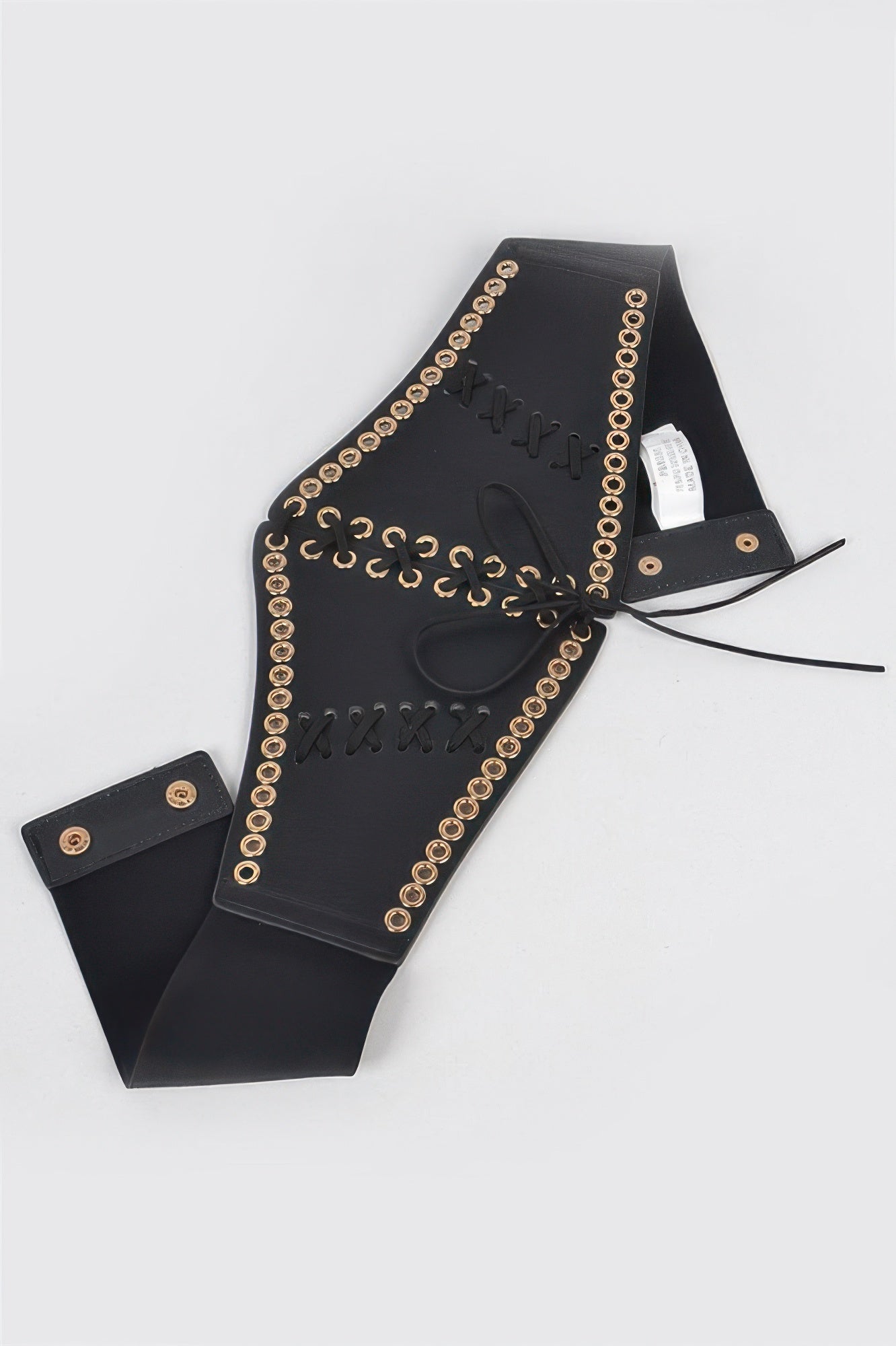 Toshe Women's Fashions corset stretch belt with eyelet details, featuring a fitted design and metal eyelet accents.