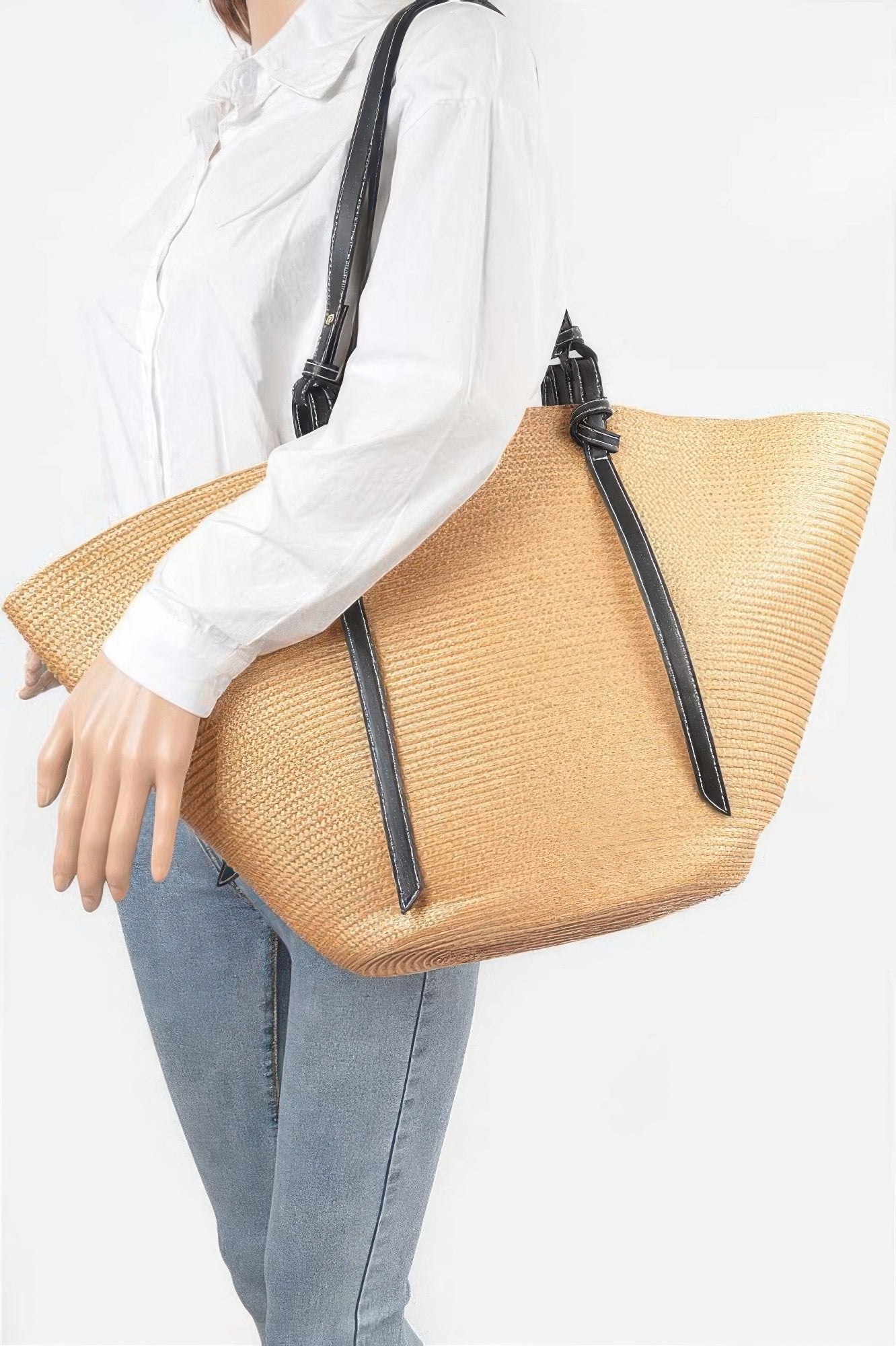 Large faux straw hobo bag with wide shoulder strap and spacious interior, designed by Toshe Women's Fashions.