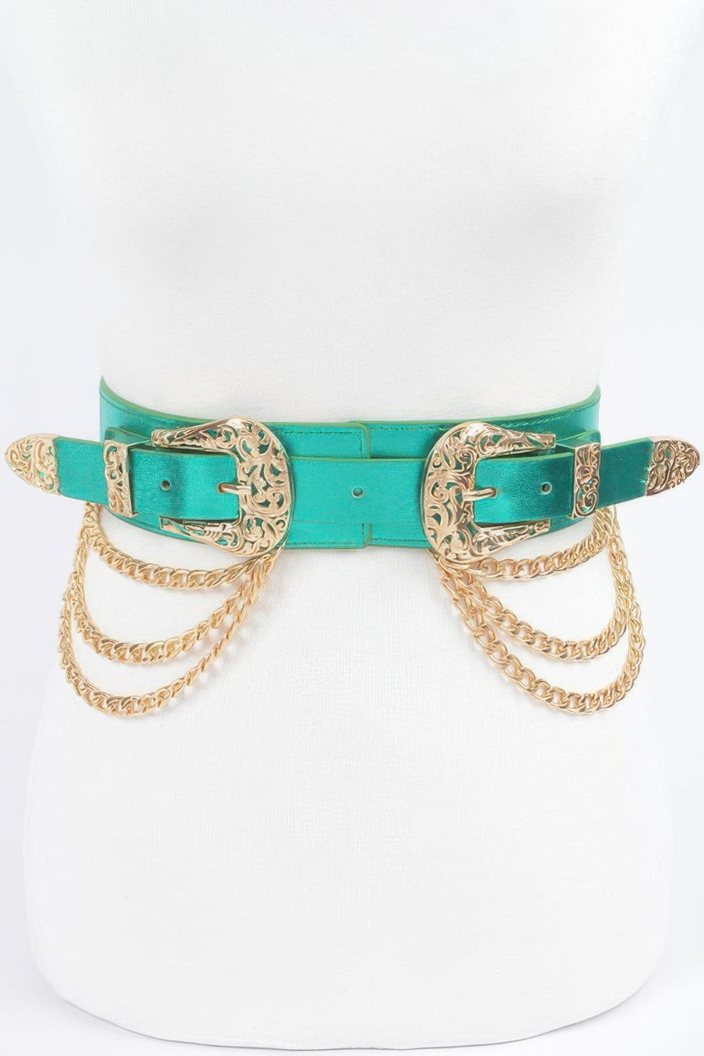 Metallic two buckle chain waist belt from Toshe Women's Fashions, featuring shiny metal and adjustable buckles.