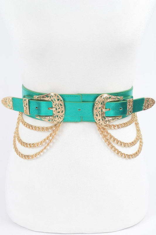 Metallic two buckle chain waist belt from Toshe Women's Fashions, featuring shiny metal and adjustable buckles.