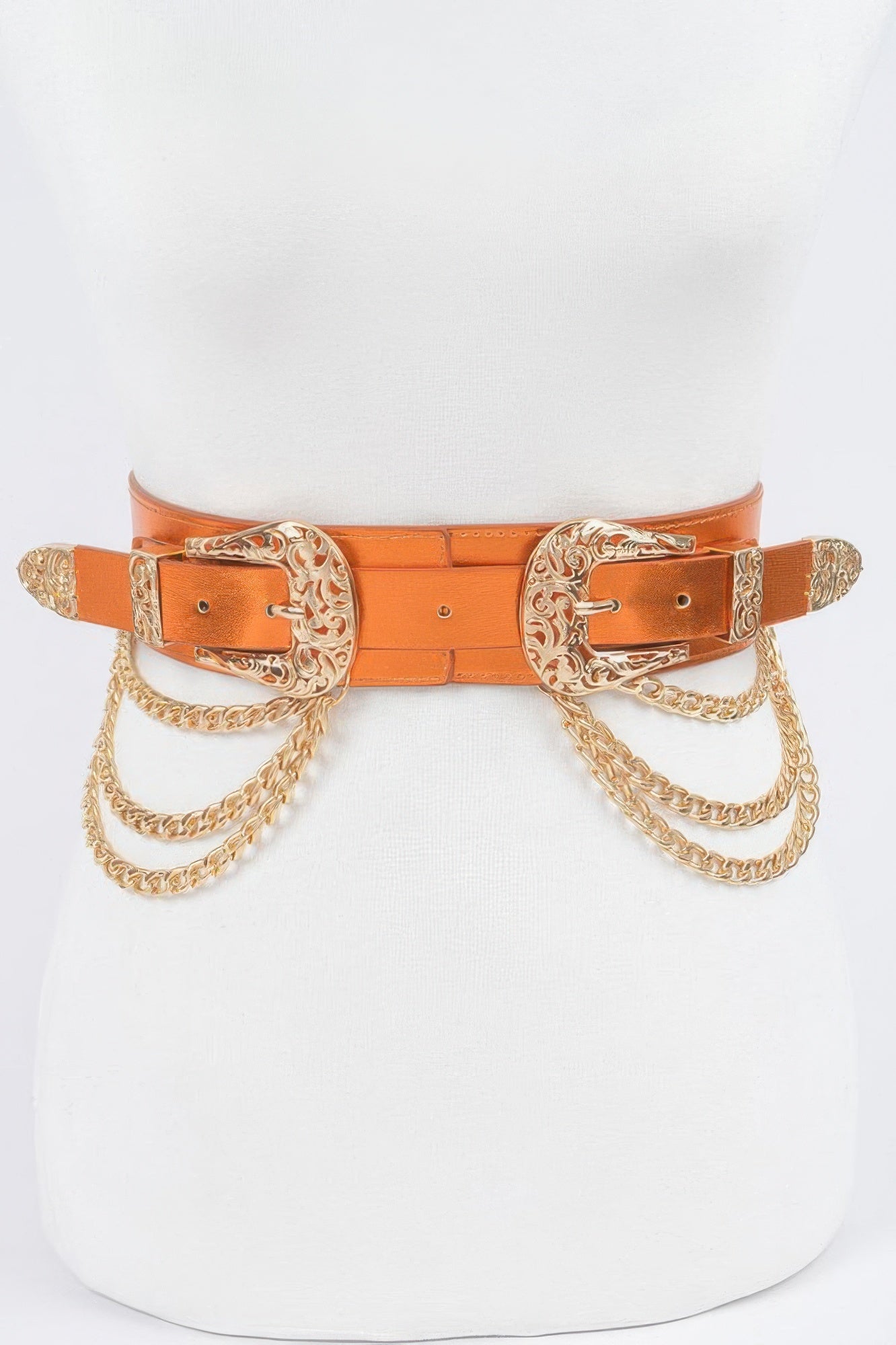 Metallic two-buckle chain waist belt by Toshe Women's Fashions, featuring shiny metal finish and adjustable buckles.