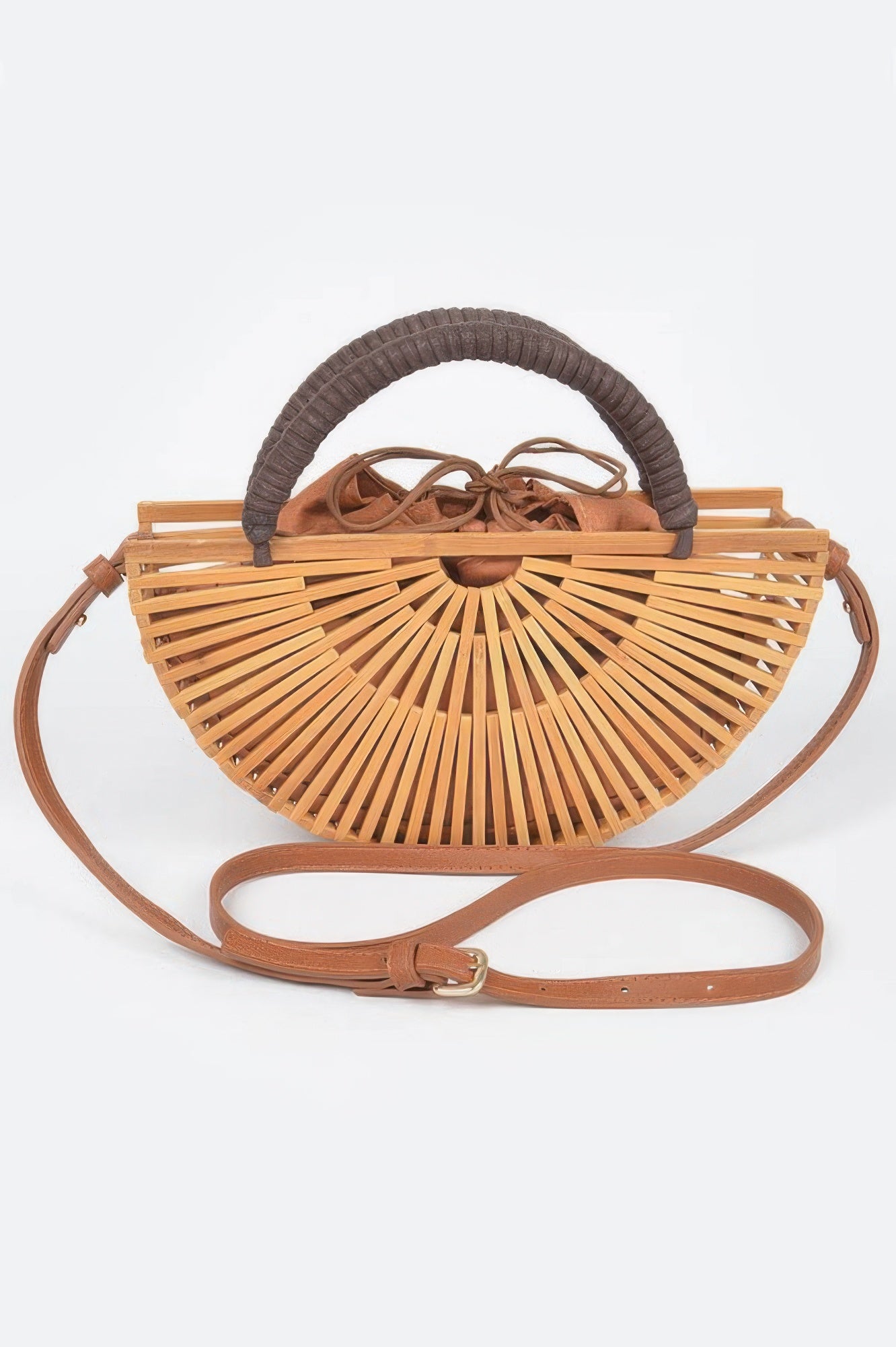 Handmade bamboo clutch bag with woven design, featuring a natural finish, perfect for casual or evening accessories.
