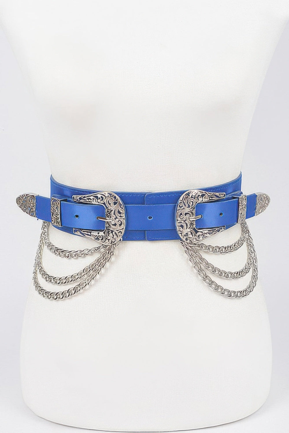 Vegan elastic belt with metal chain and buckle, stylish accessory from Toshe Women's Fashions.