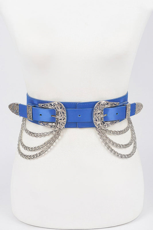 Vegan elastic belt with metal chain and buckle, stylish accessory from Toshe Women's Fashions.