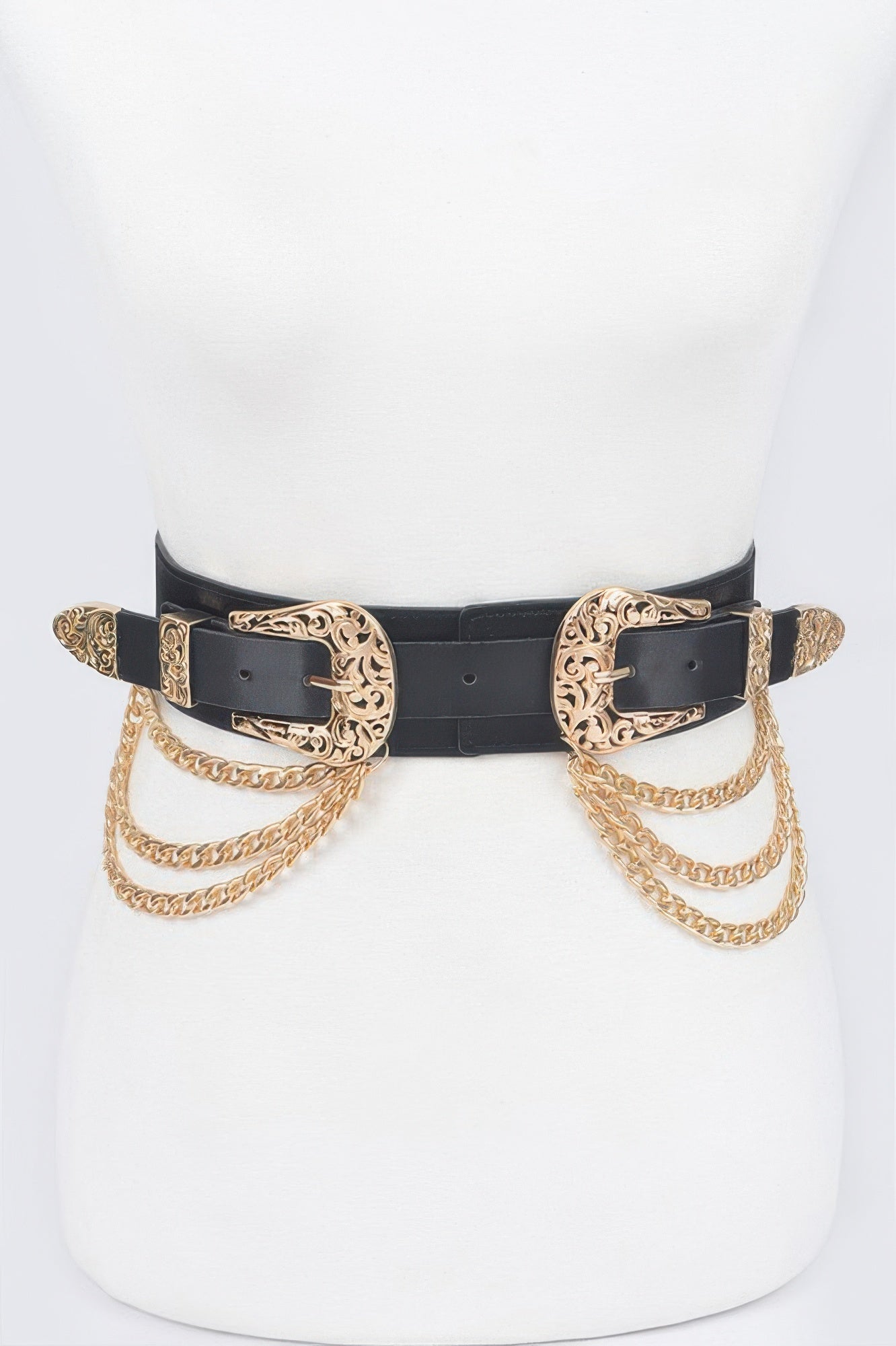 Vegan elastic belt with metal chain and buckle, stylish accessory from Toshe Women's Fashions, shown on a neutral background.