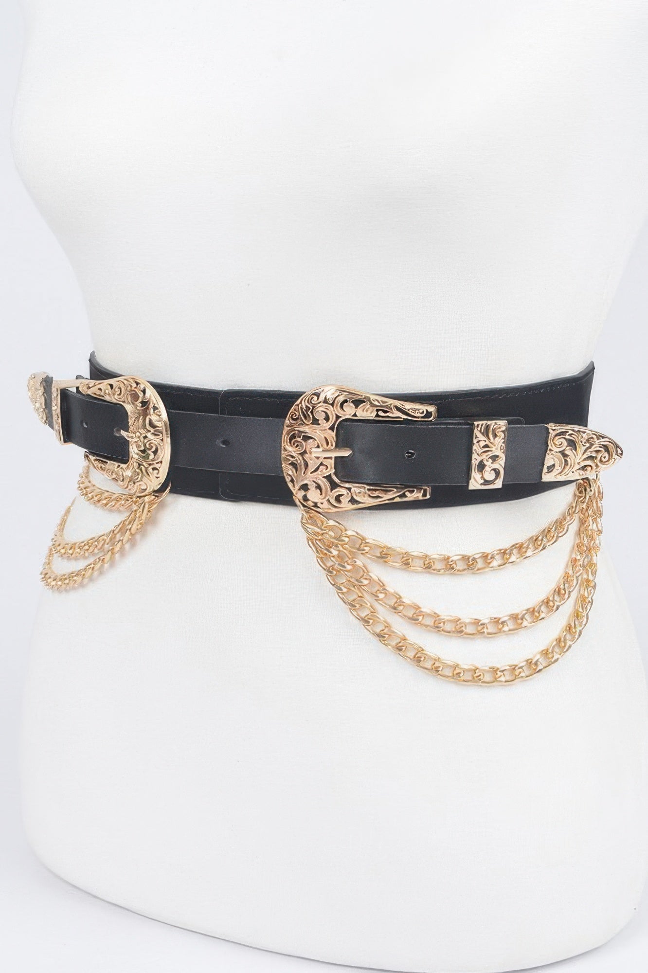 Vegan elastic belt with metal chain and buckle, stylish accessory from Toshe Women's Fashions.