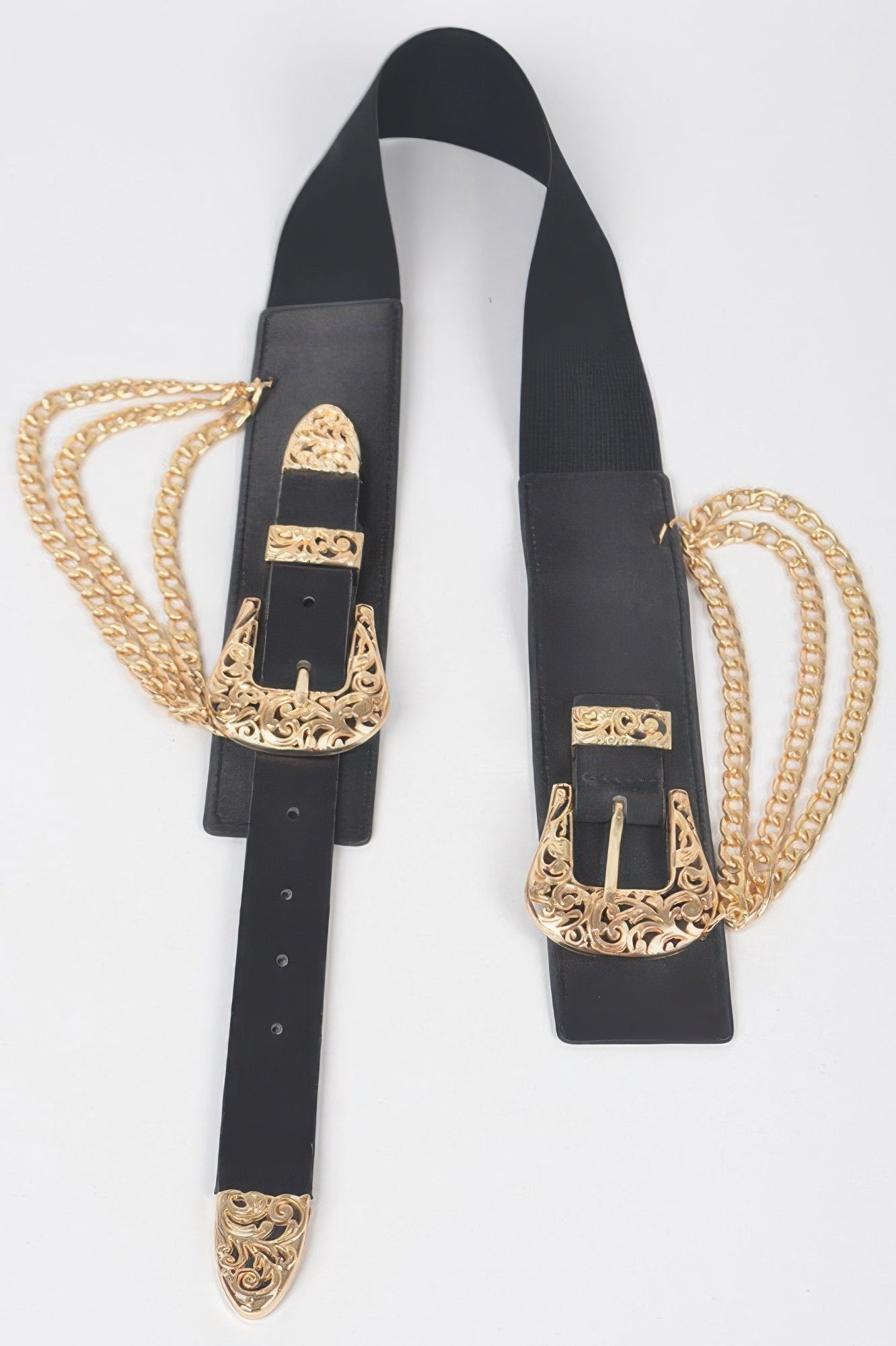 Vegan elastic belt with metal chain and buckle, stylish accessory from Toshe Women's Fashions, shown on a neutral background.