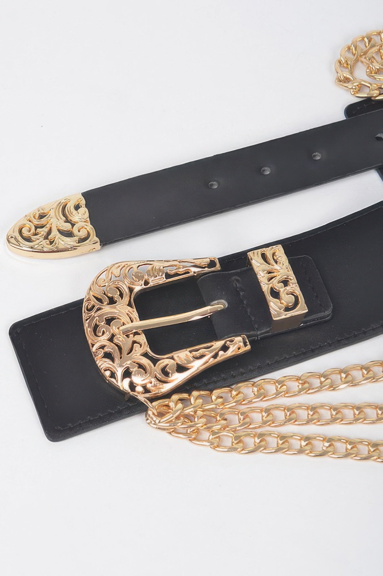 Vegan elastic belt with metal chain and buckle, stylish accessory from Toshe Women's Fashions, shown on a neutral background.