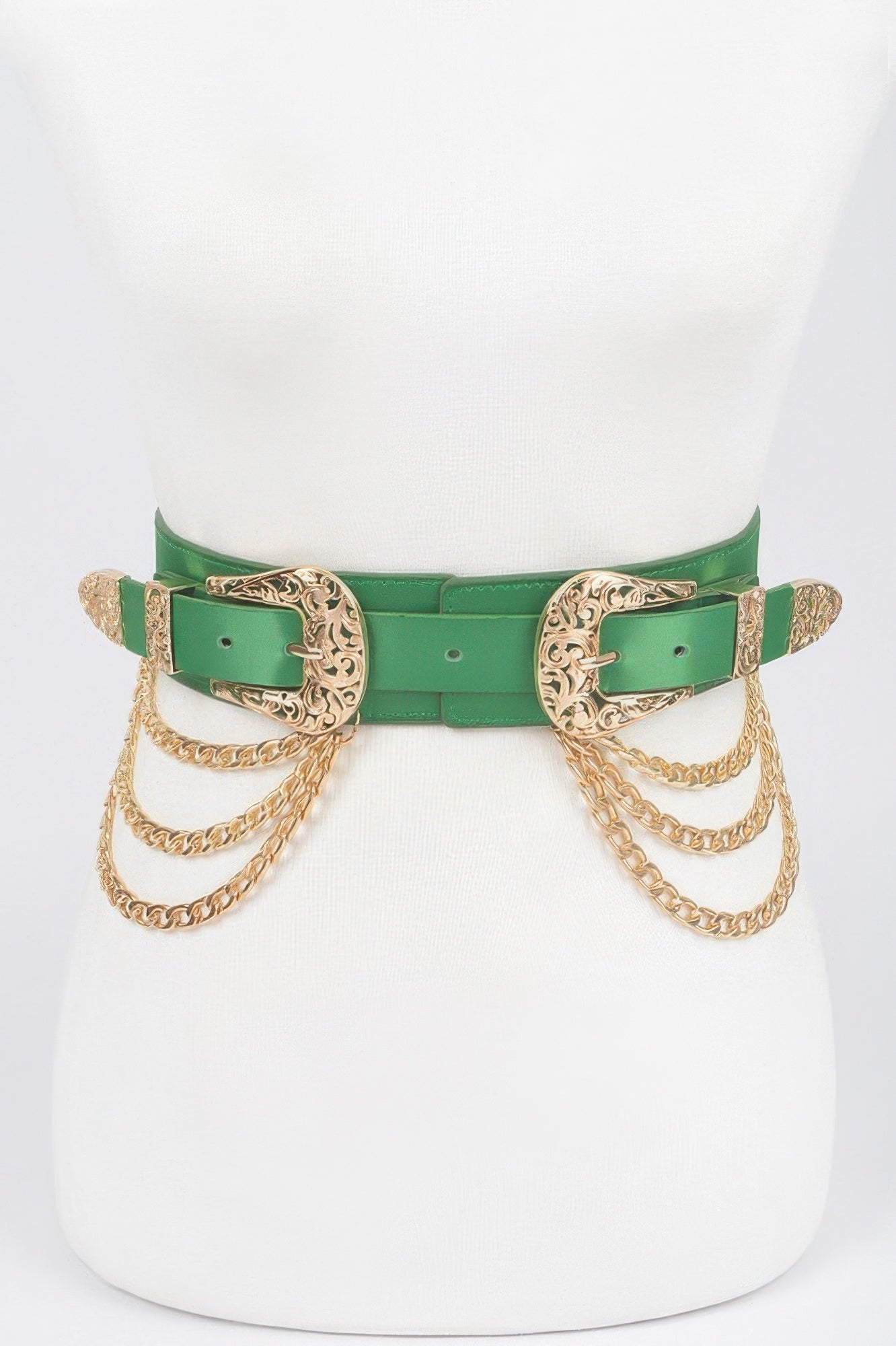 Vegan elastic belt with metal chain and buckle, stylish accessory from Toshe Women's Fashions, shown in black against a plain background.