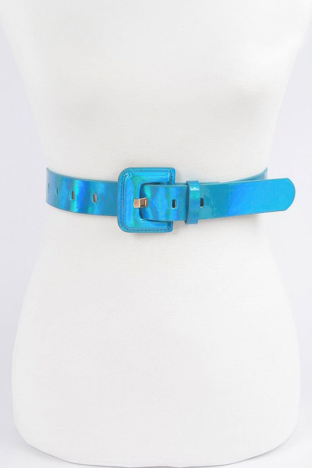 Hologram metallic belt with shiny, reflective surface and adjustable buckle, designed for stylish women's fashion.