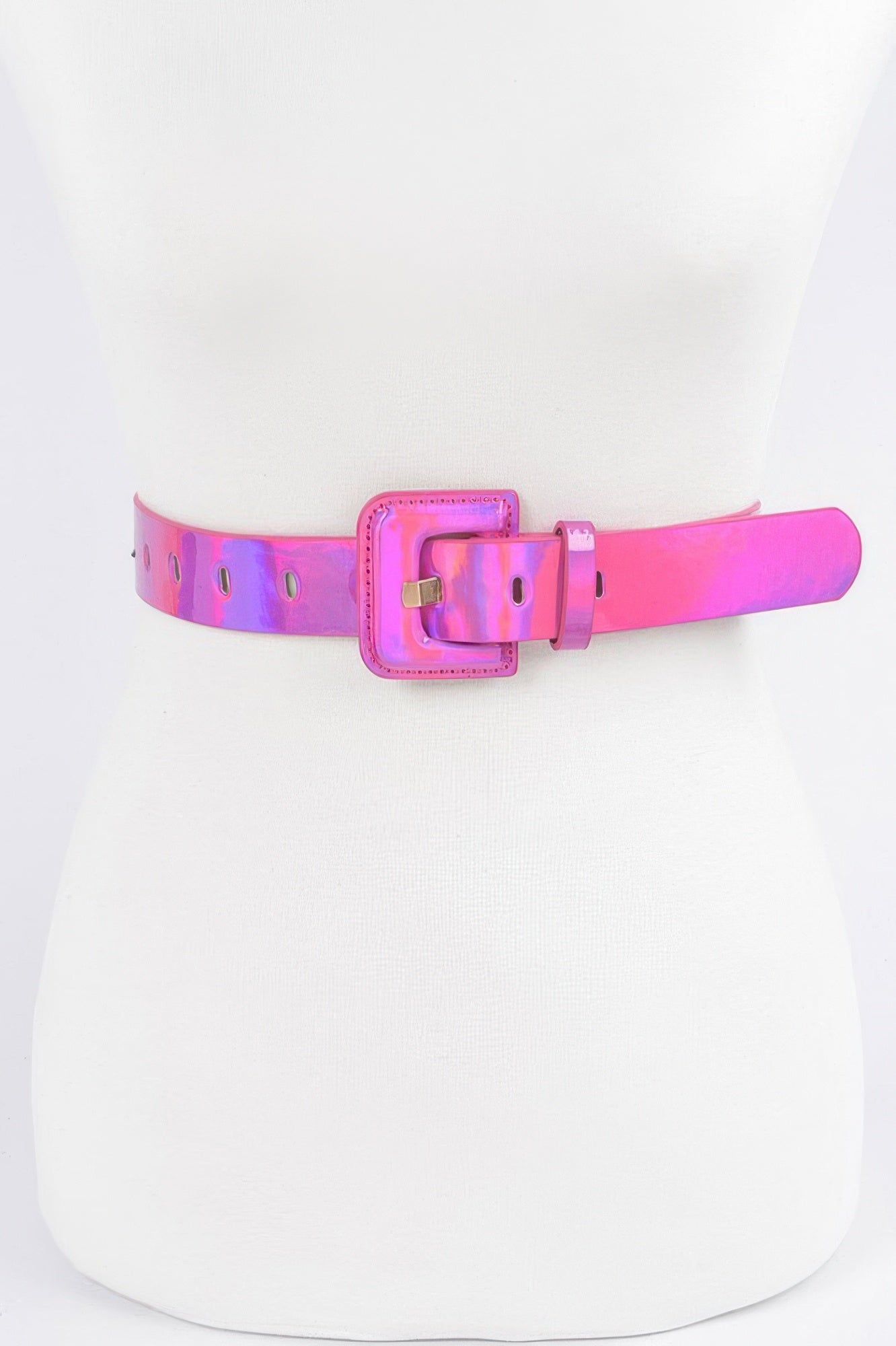 Hologram metallic belt from Toshe Women's Fashions with shiny, reflective surface and adjustable strap, stylish accessory for outfits.