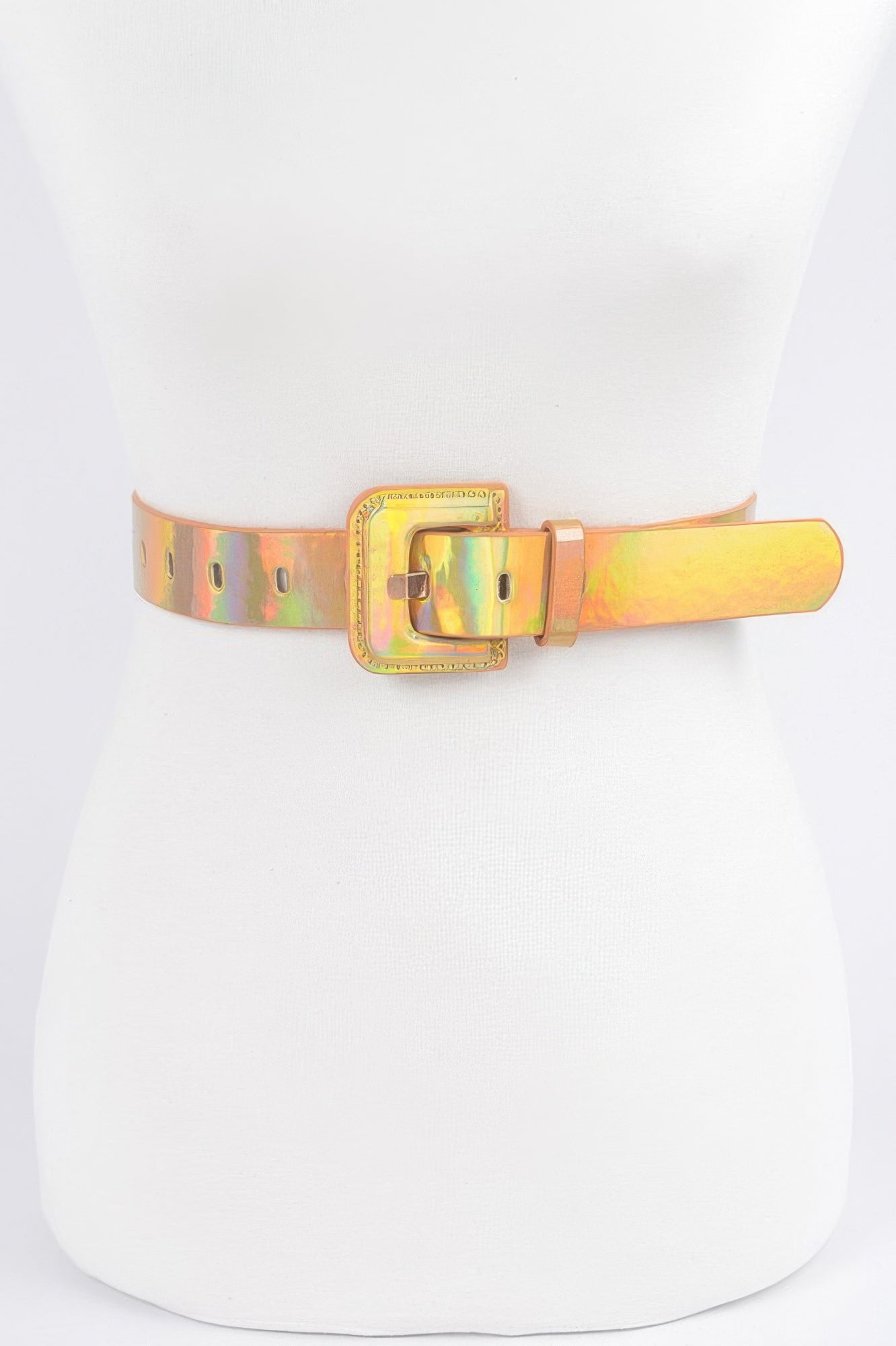 Shiny hologram metallic belt from Toshe Women's Fashions with a sleek buckle and reflective surface, stylish accessory for outfits.