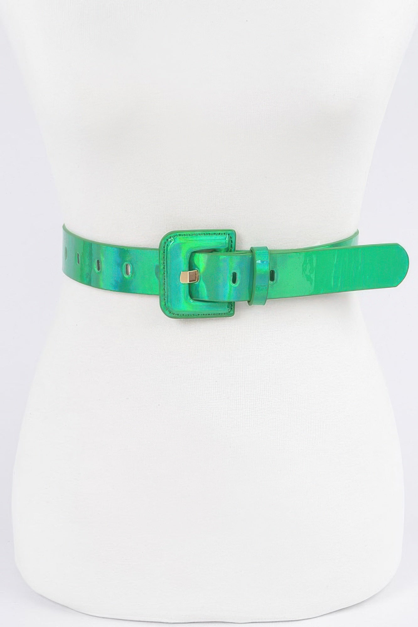 Shiny hologram metallic belt from Toshe Women's Fashions with a sleek buckle, reflecting colorful light.
