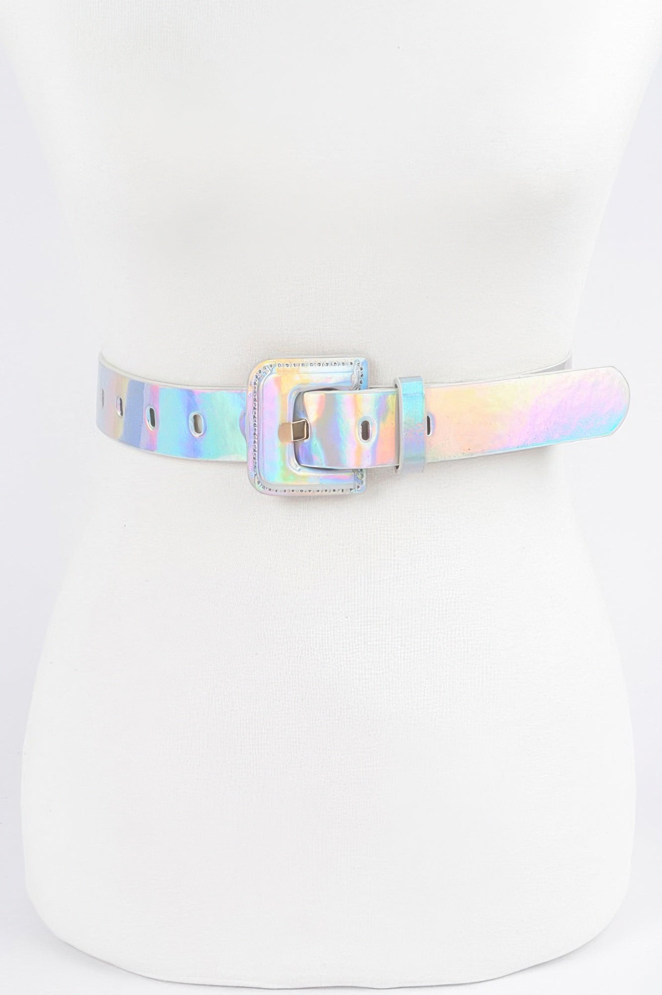 Shiny hologram metallic belt from Toshe Women's Fashions with a sleek design and adjustable strap, displayed on a neutral background.
