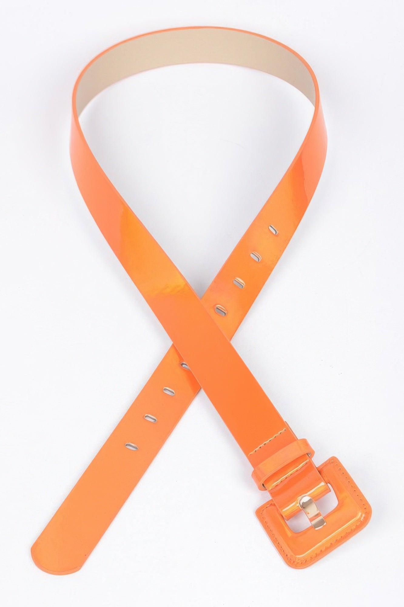 Hologram metallic belt from Toshe Women's Fashions with shiny, reflective surface and adjustable strap, displayed on a plain background.