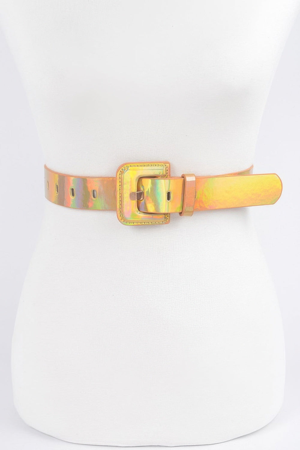 Shiny hologram metallic belt with a sleek buckle, designed for women’s fashion, showing its reflective, colorful surface.