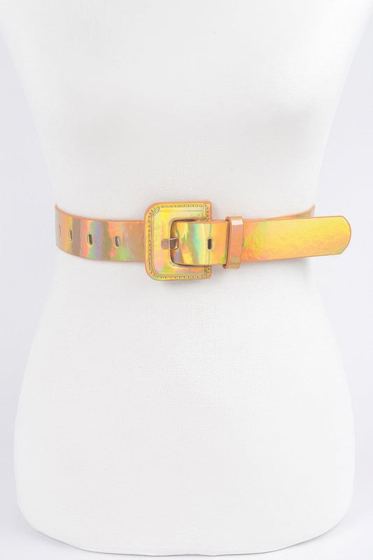 Shiny hologram metallic belt with a sleek buckle, designed for women’s fashion, showing its reflective, colorful surface.