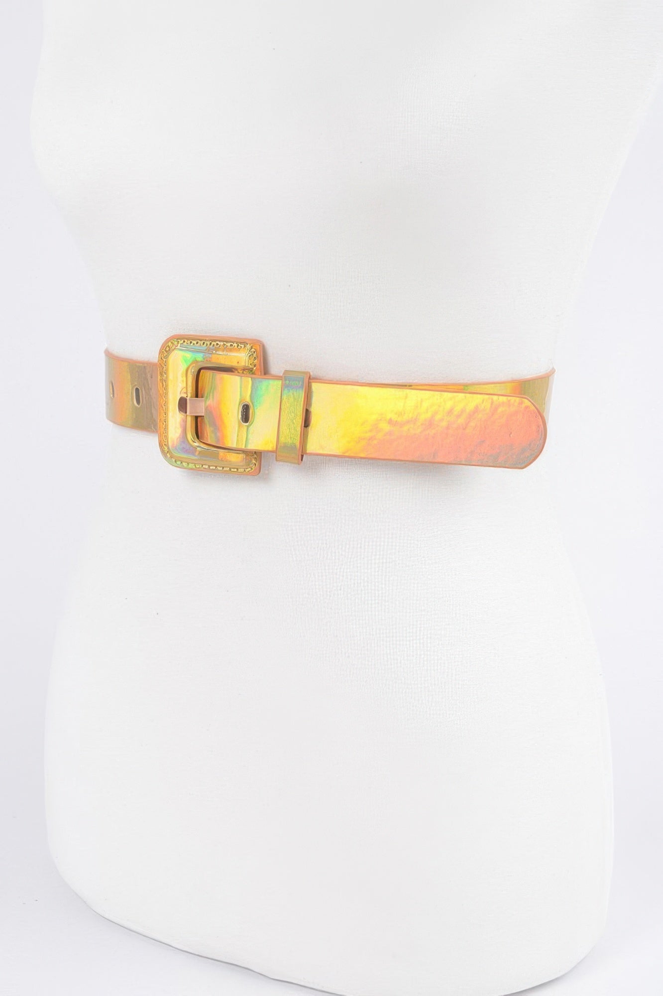 Hologram metallic belt from Toshe Women's Fashions featuring shiny, reflective material and adjustable buckle.