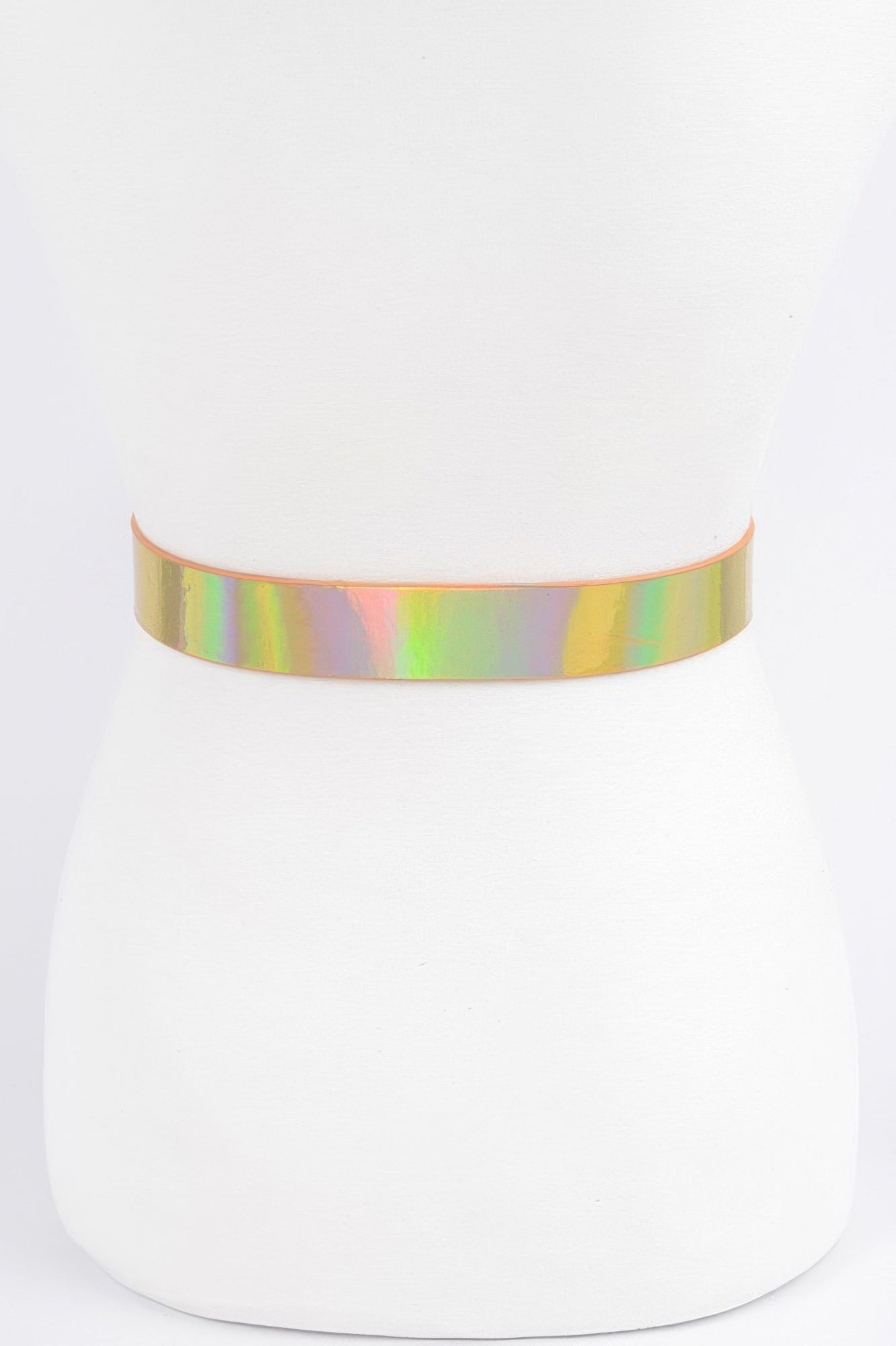 Shiny hologram metallic belt with adjustable buckle from Toshe Women's Fashions, featuring a reflective, futuristic design.