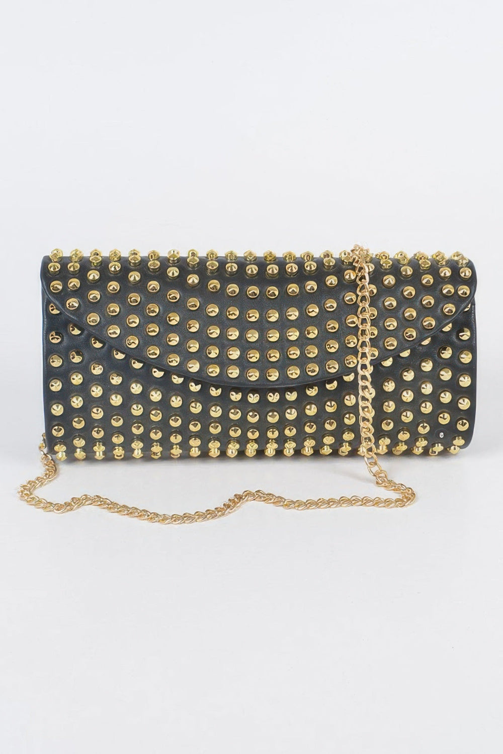 Black studded clutch purse with silver accents, featuring a sleek rectangular design and wrist strap for Toshe Women's Fashions.