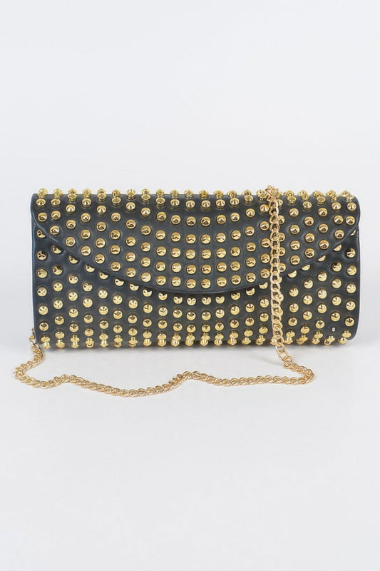 Black studded clutch purse with silver accents, featuring a sleek rectangular design and wrist strap for Toshe Women's Fashions.