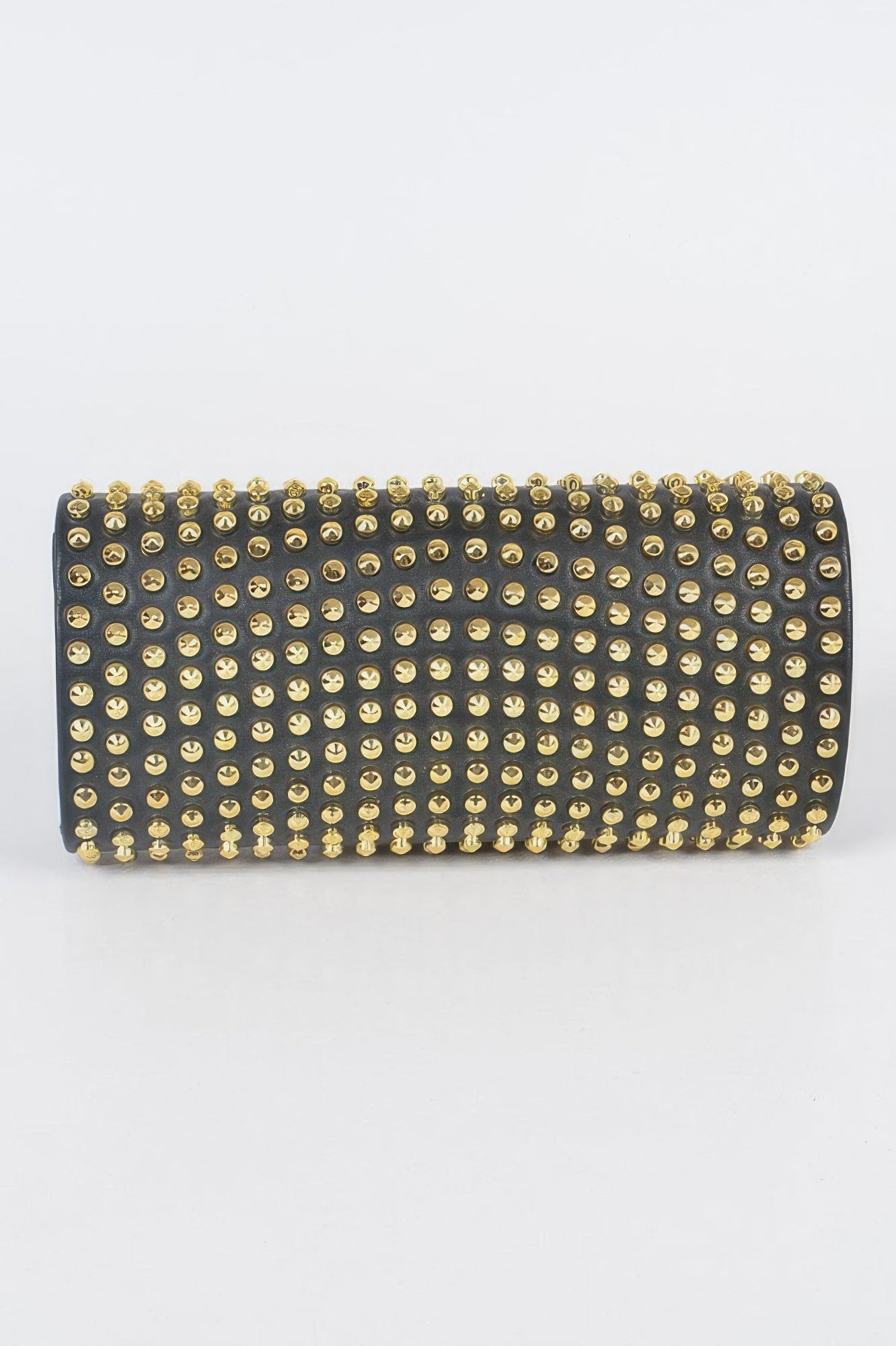 Black studded clutch purse with silver accents, stylish evening bag from Toshe Women's Fashions.