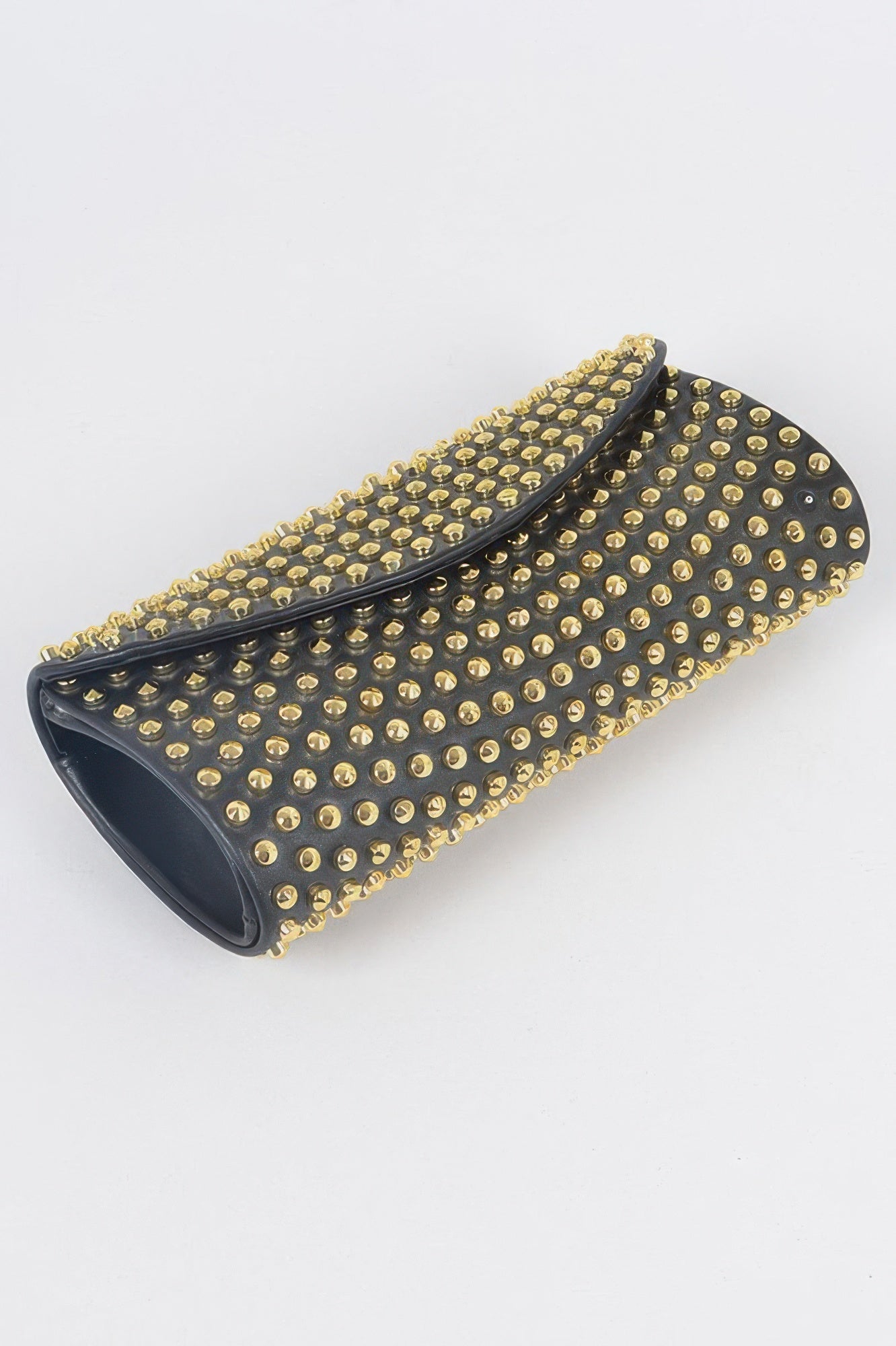 Black studded clutch bag with silver hardware by Toshe Women's Fashions, featuring a sleek design and zip closure.