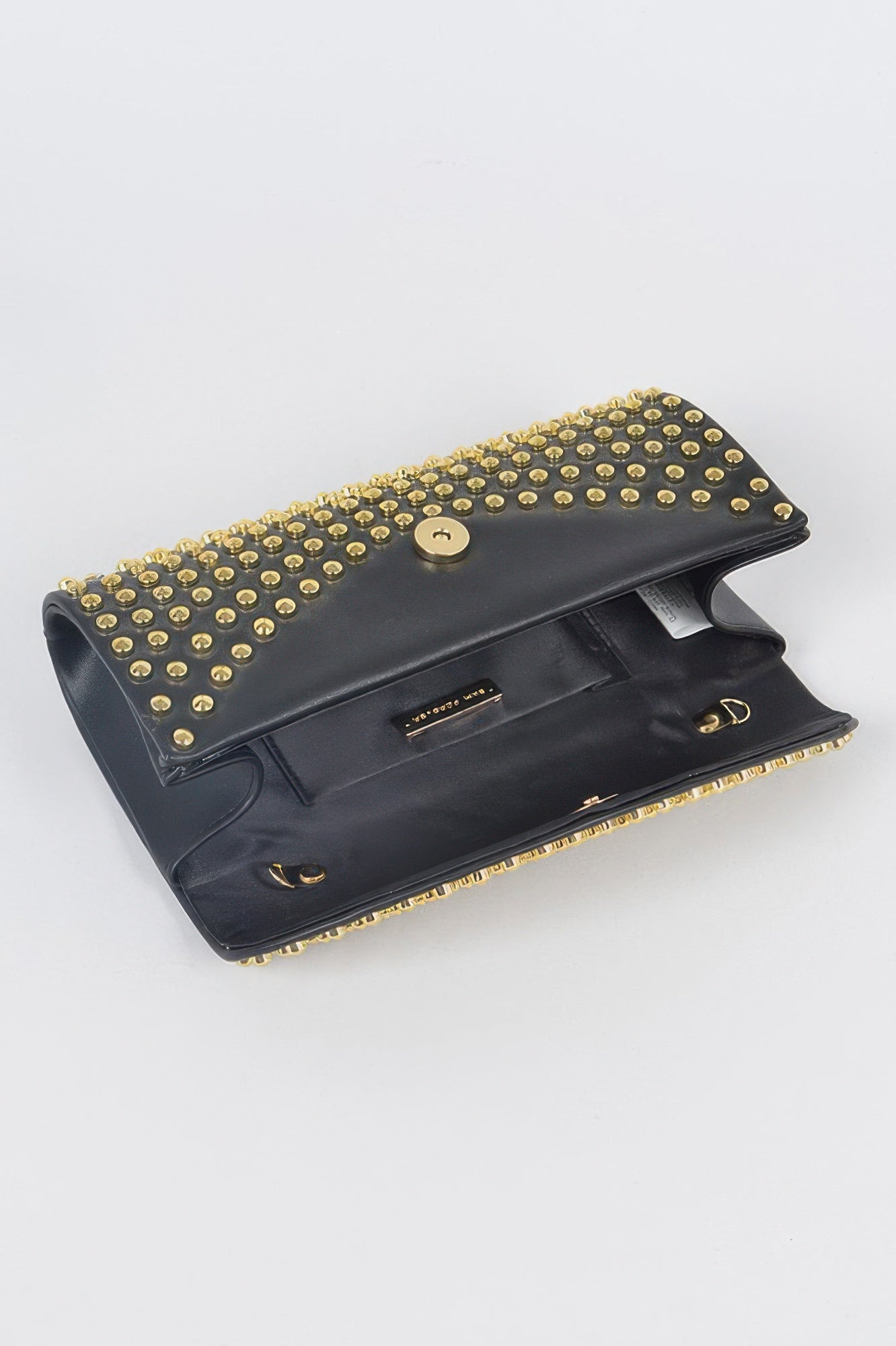 Black studded clutch purse by Toshe Women's Fashions with silver-tone hardware and zip closure, featuring a sleek, stylish design.