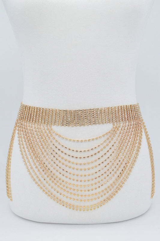 Rhinestone multi-layered drop belt with sparkling embellishments, stylish accessory from Toshe Women's Fashions.
