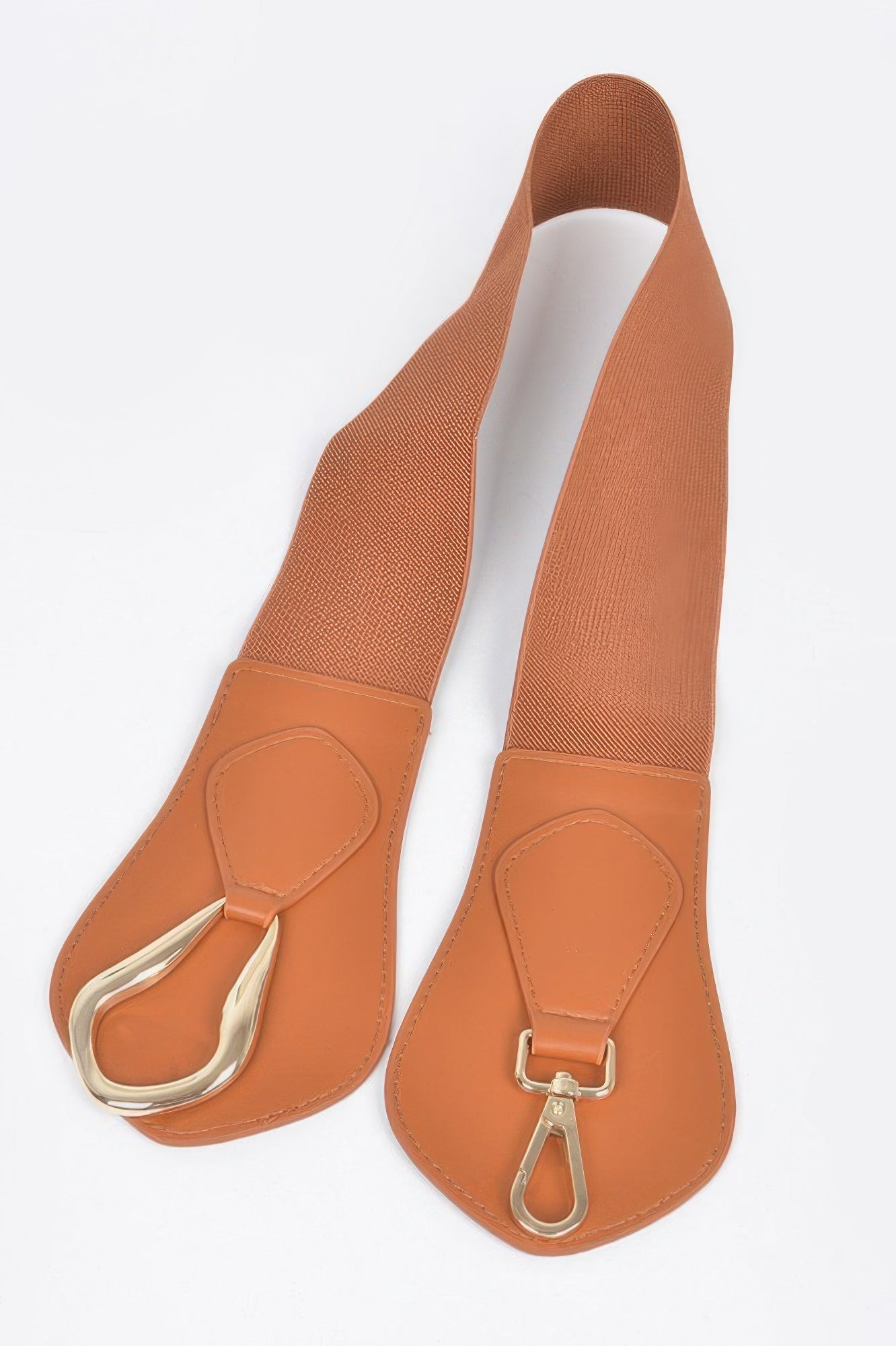 Oversized metal buckle elastic belt by Toshe Women's Fashions, featuring a wide stretch design and bold metallic buckle detail.