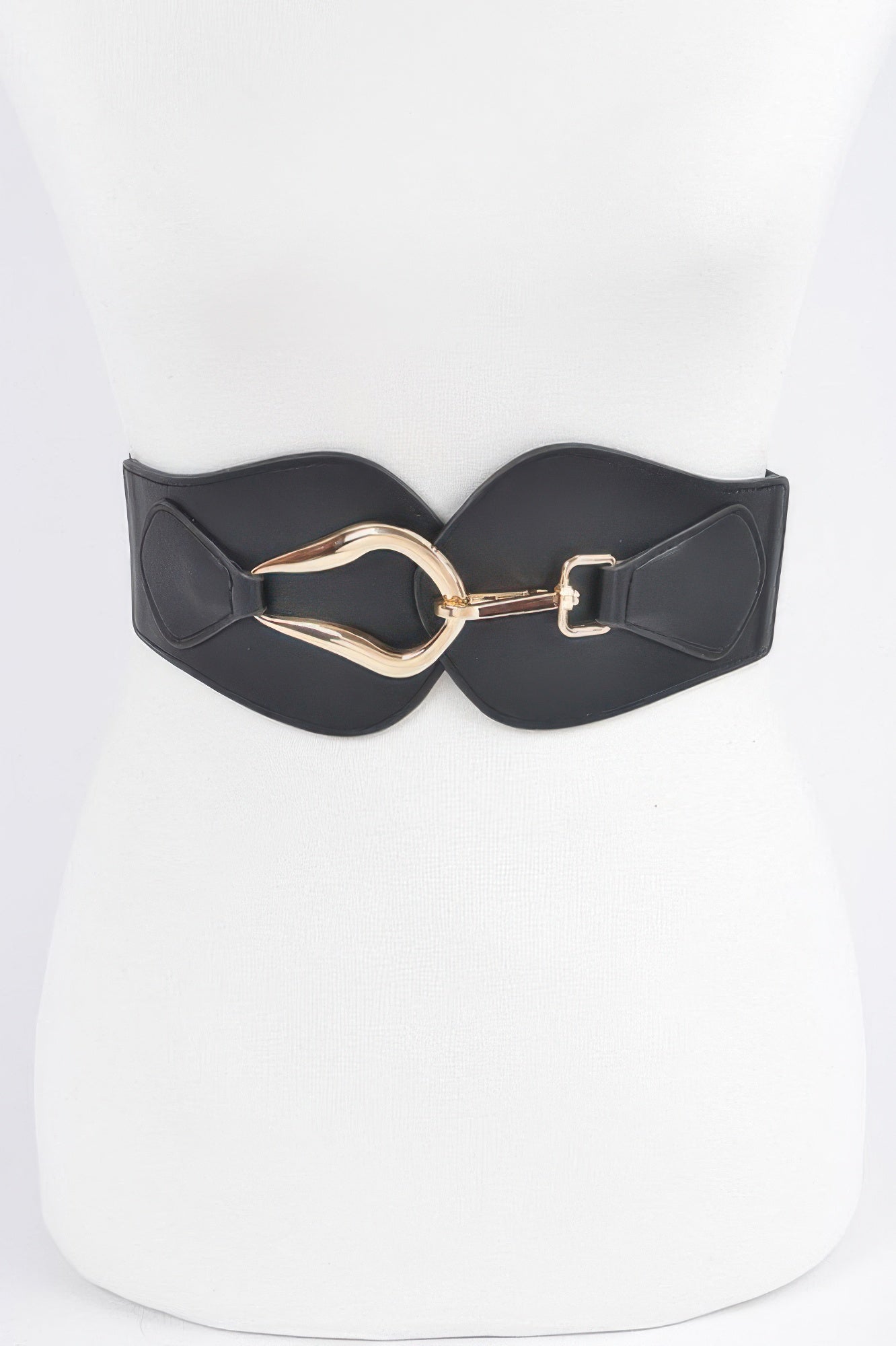 Black oversized metal buckle elastic belt for women, featuring a wide strap and adjustable fit from Toshe Women's Fashions.