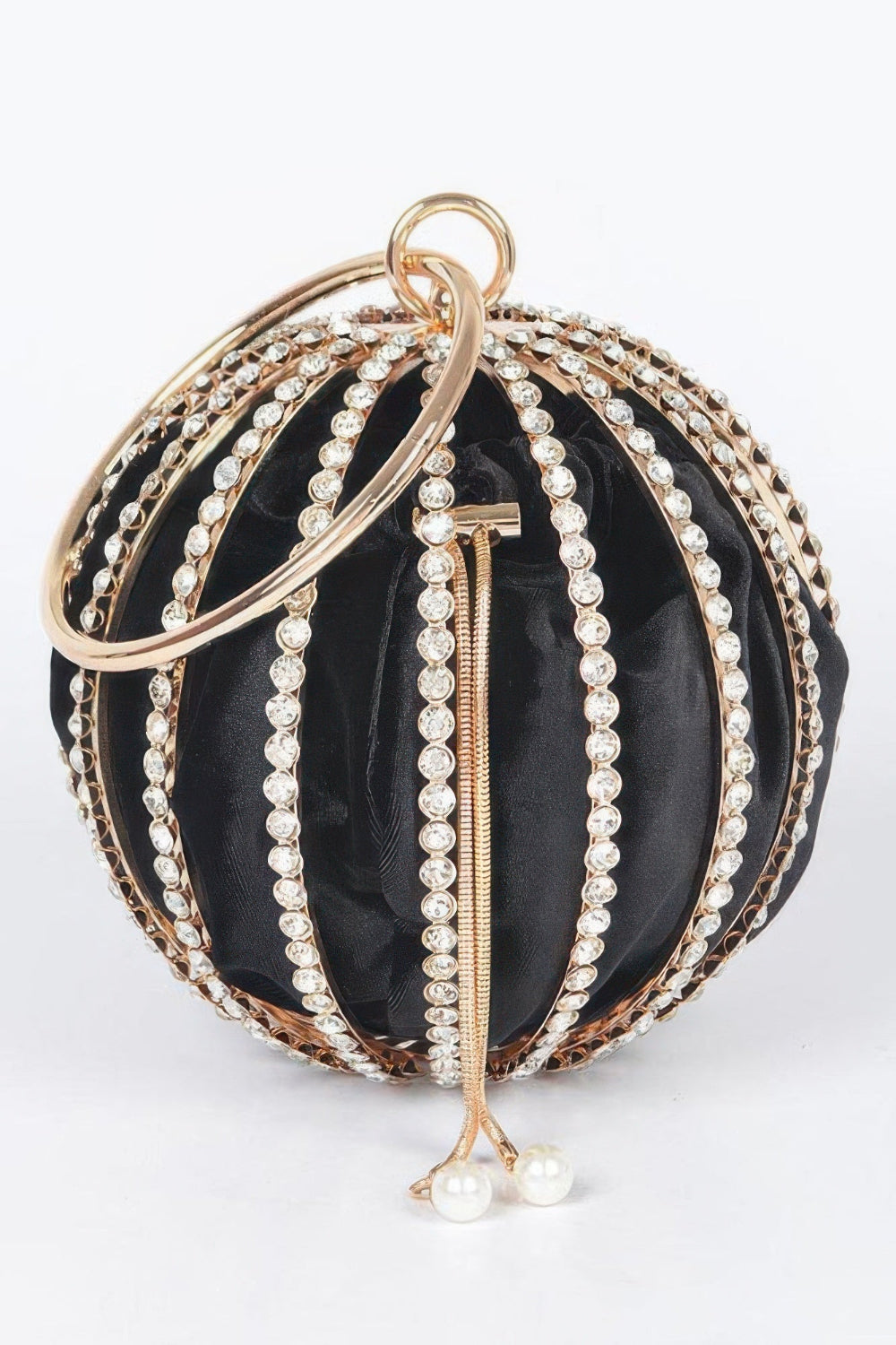 Rhinestone round cage party bag with chain strap, designed for women’s evening and special occasion events.