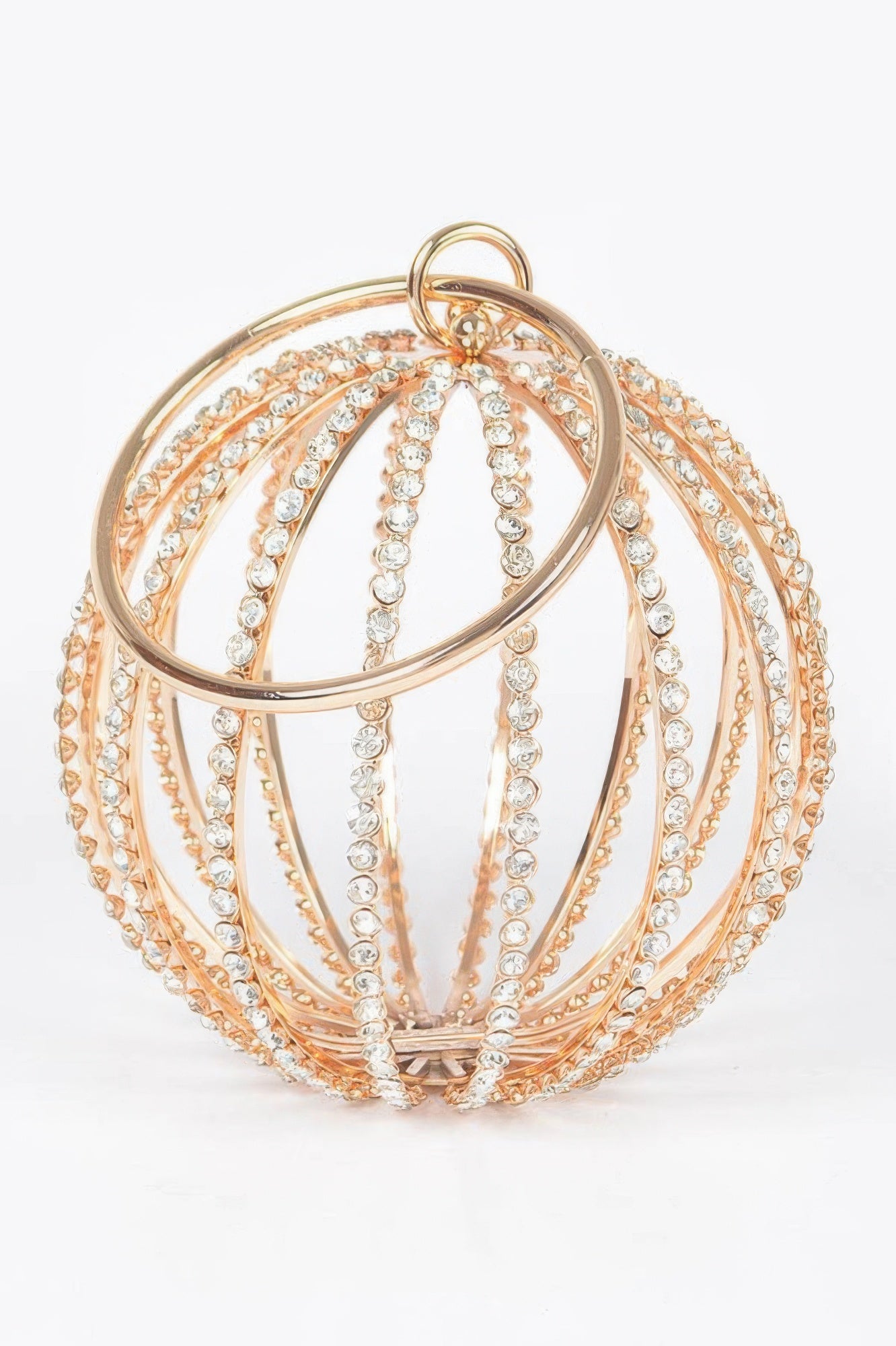Rhinestone round cage party bag with sparkling embellishments, designed for stylish evening events and special occasions.