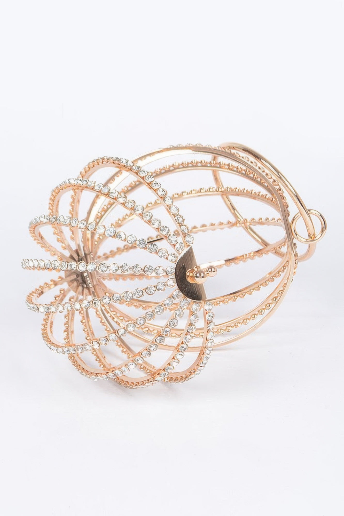 Rhinestone round cage party bag with sparkling embellishments, styled for evening events, by Toshe Women's Fashions.